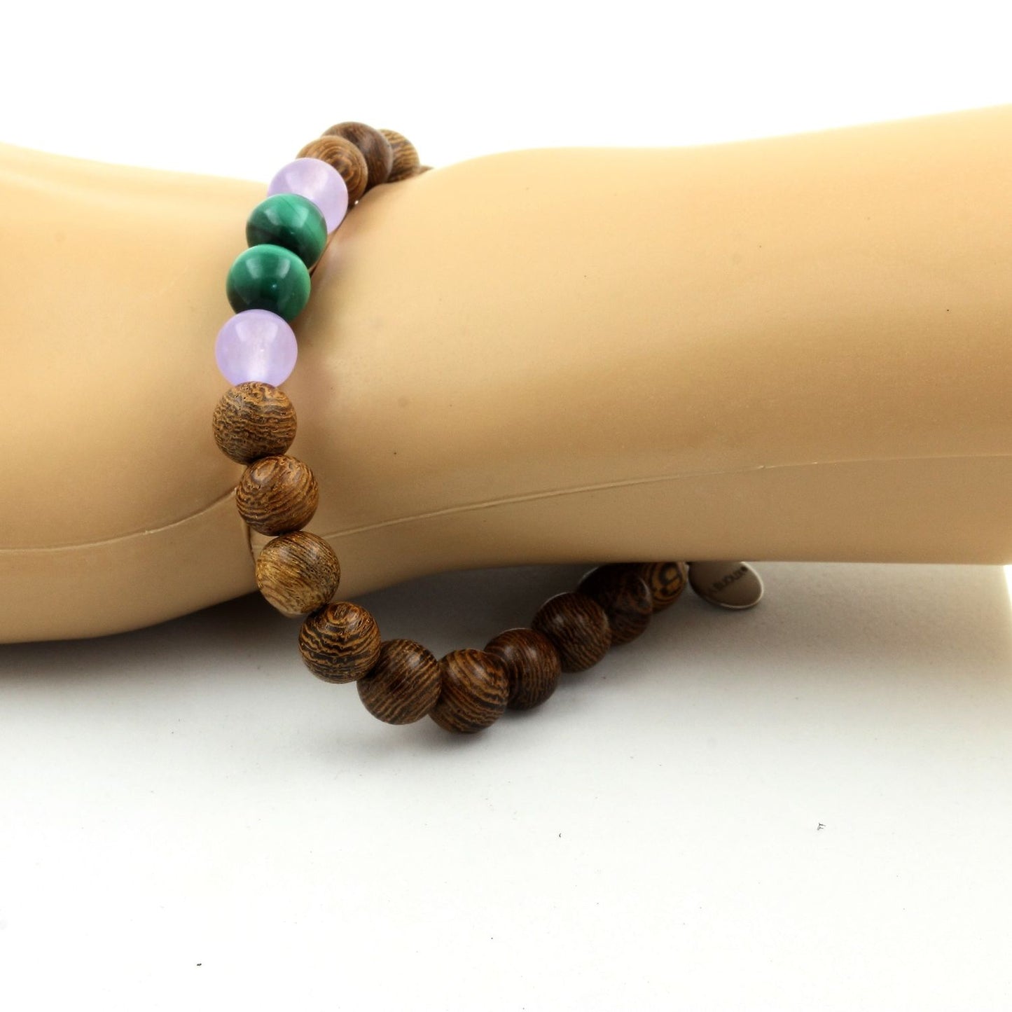Malachite du Congo + Calcédoine lavande + bois. Bracelet Perles naturelles