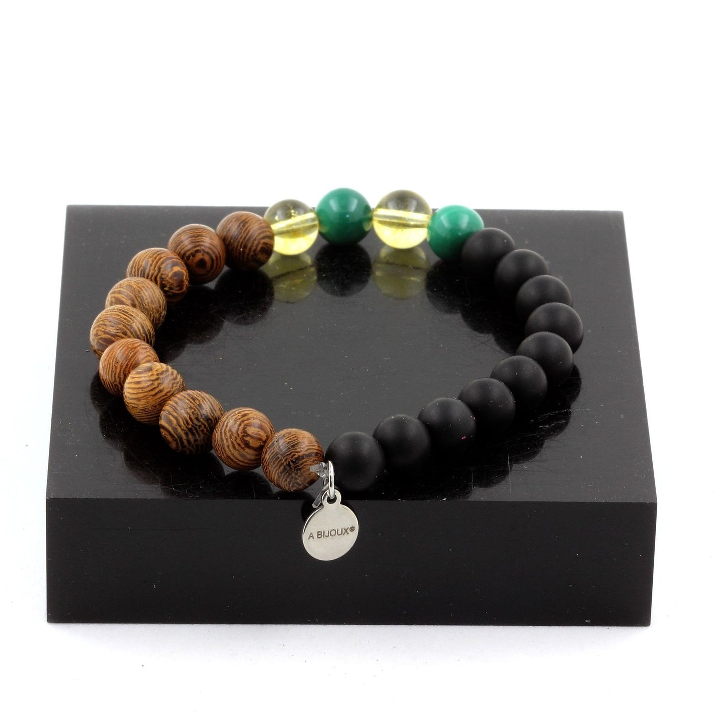 Malachite du Congo + Citrine + Onyx noir mat + bois. Bracelet Perles naturelles