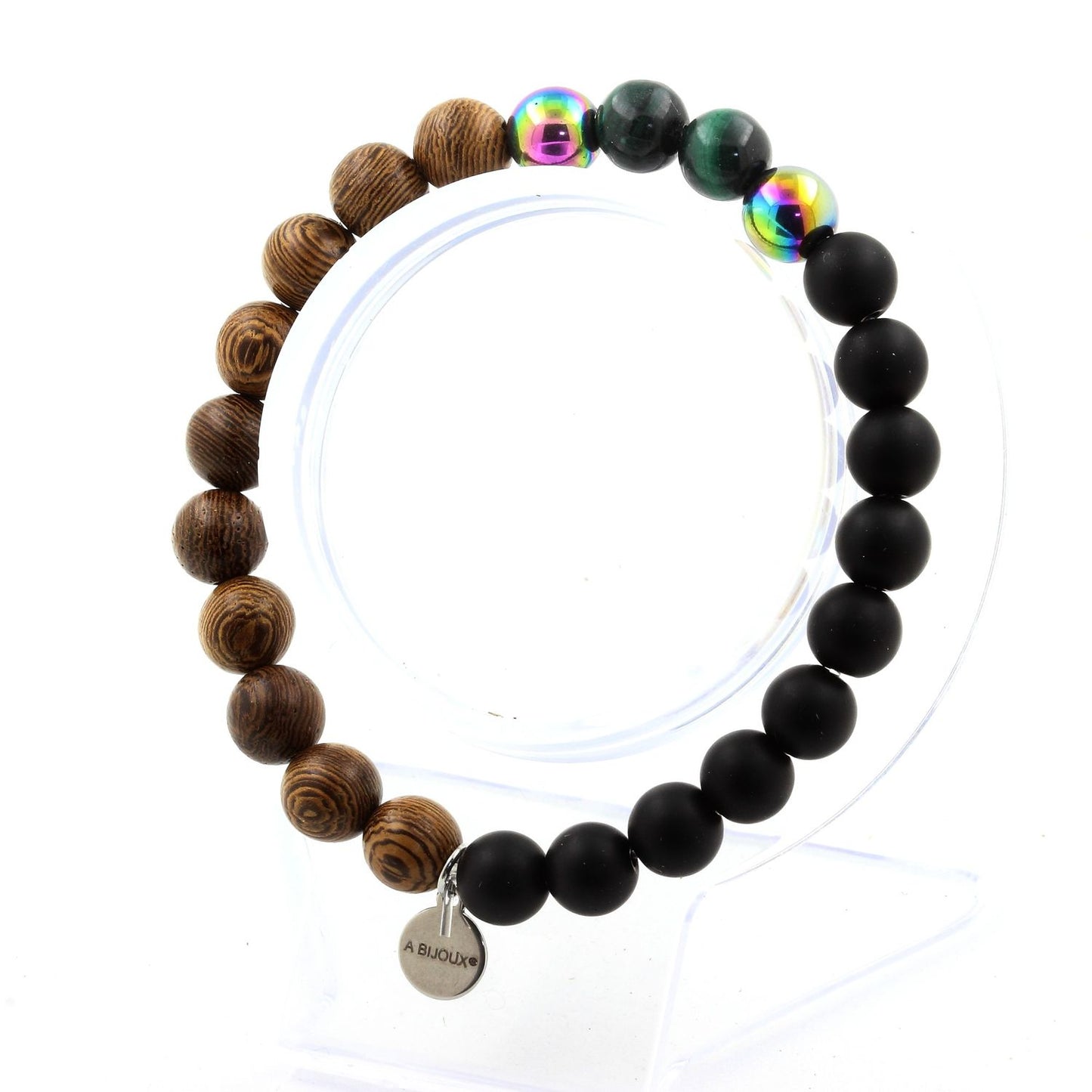 Malachite du Congo + Hématite multicolore + Onyx noir mat + bois. Bracelet Perles