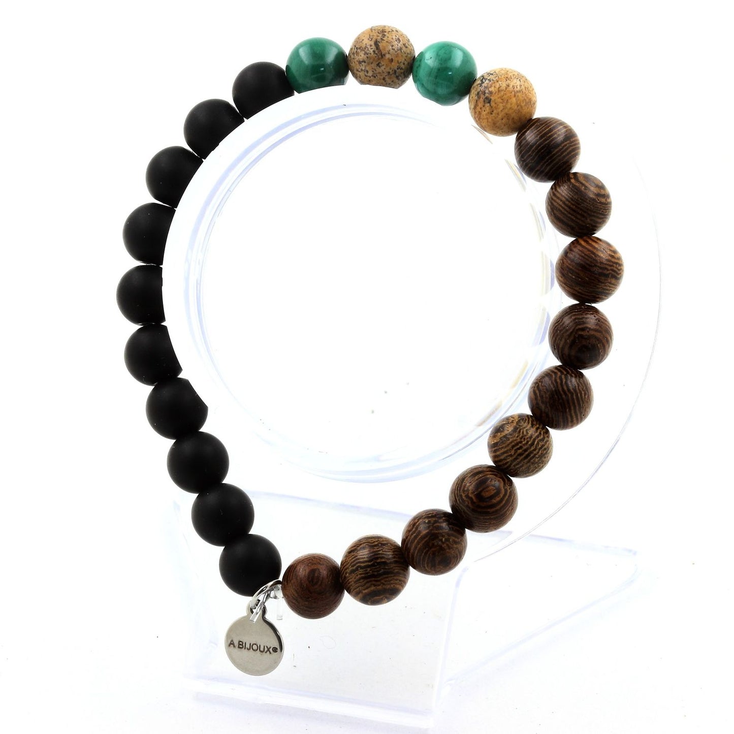 Malachite du Congo + Jaspe Paysage + Onyx noir mat + bois. Bracelet Perles