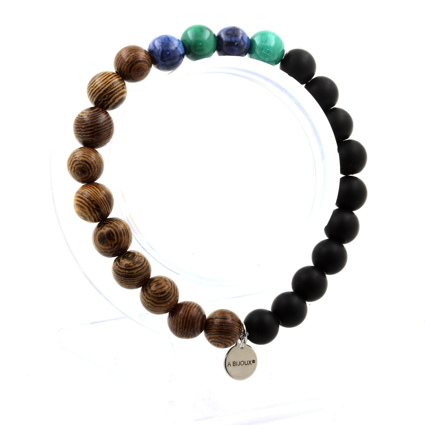 Malachite du Congo + Jaspe bleu + Onyx noir mat + bois. Bracelet Perles