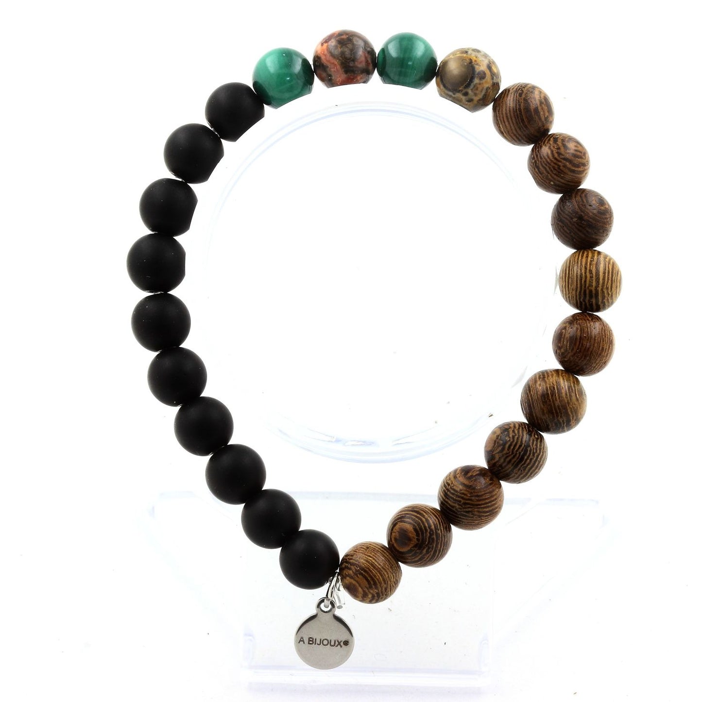 Malachite du Congo + Jaspe léopard + Onyx noir mat + bois. Bracelet Perles
