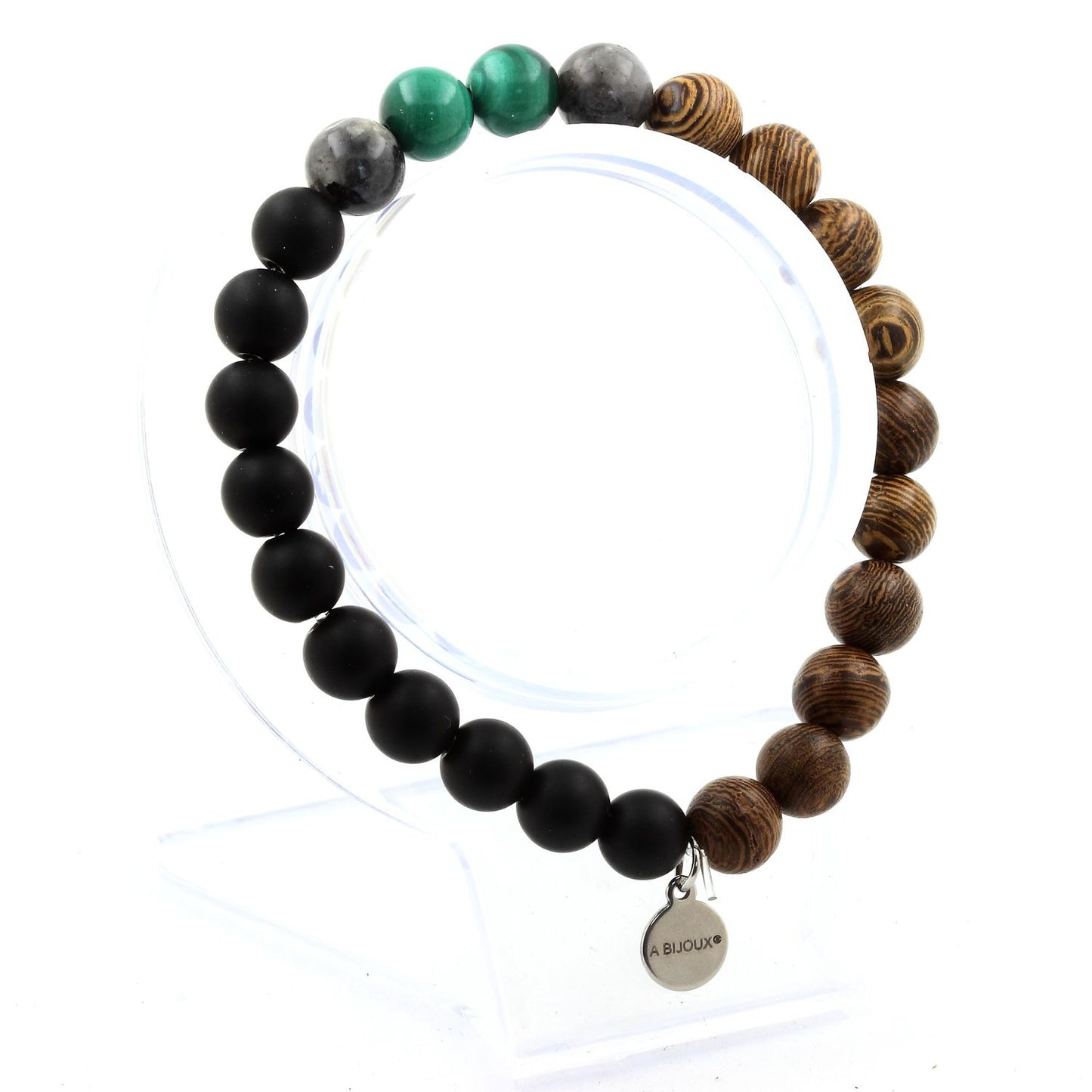 Malachite du Congo + Labradorite + Onyx noir mat + bois. Bracelet Perles