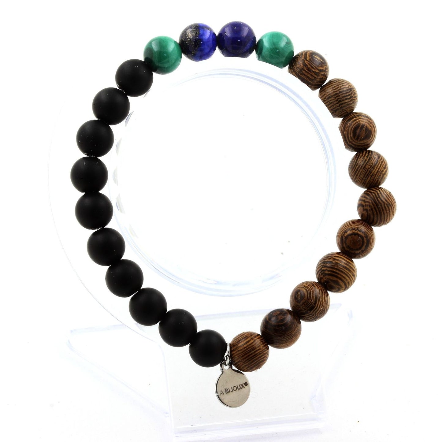 Malachite du Congo + Lapis Lazuli + Onyx noir mat + bois. Bracelet Perles
