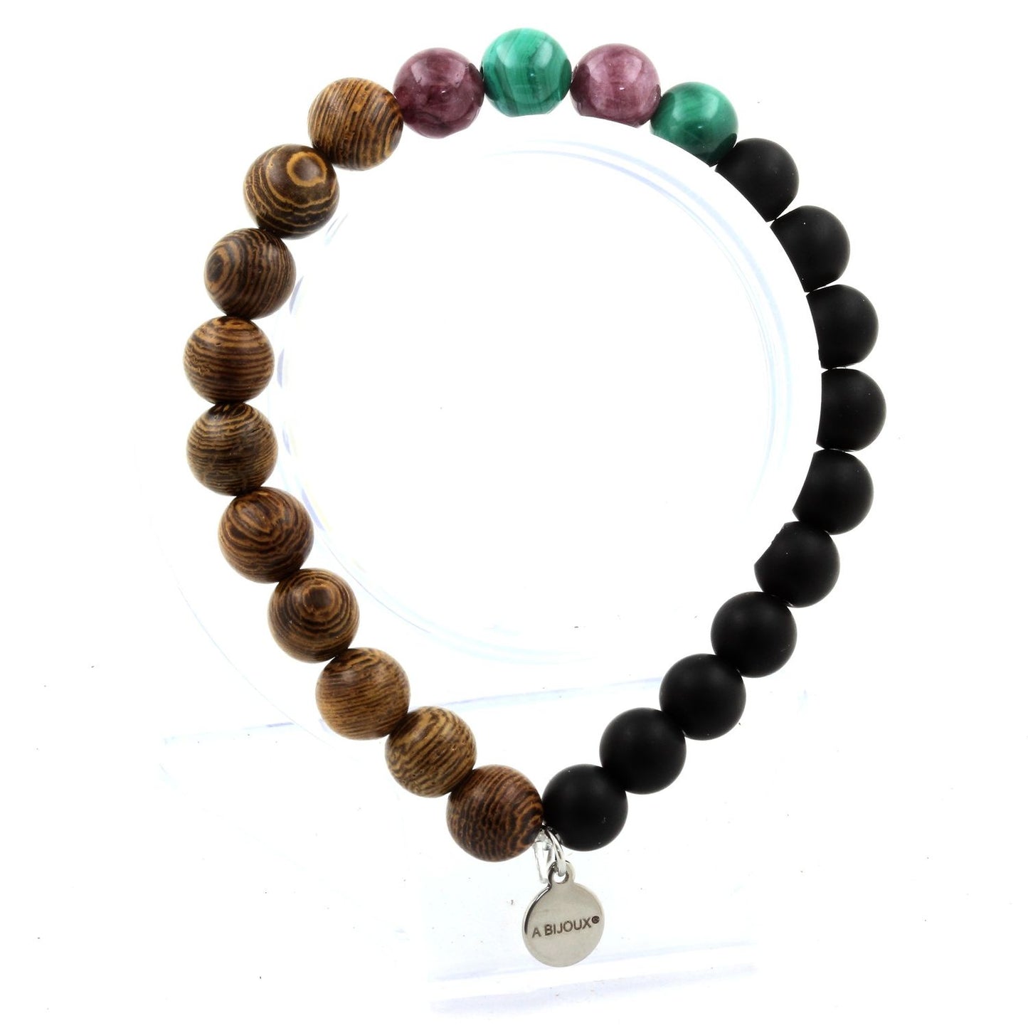 Malachite du Congo + Lépidolite + Onyx noir mat + bois. Bracelet Perles naturelles