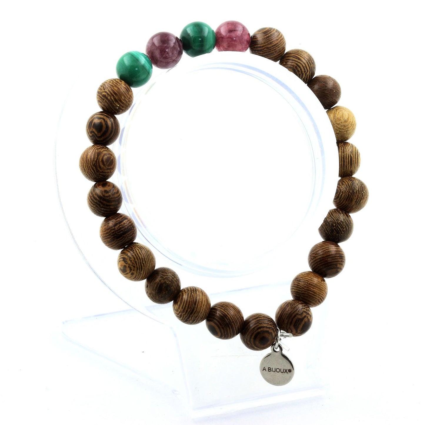 Malachite du Congo + Lépidolite + bois. Bracelet Perles naturelles