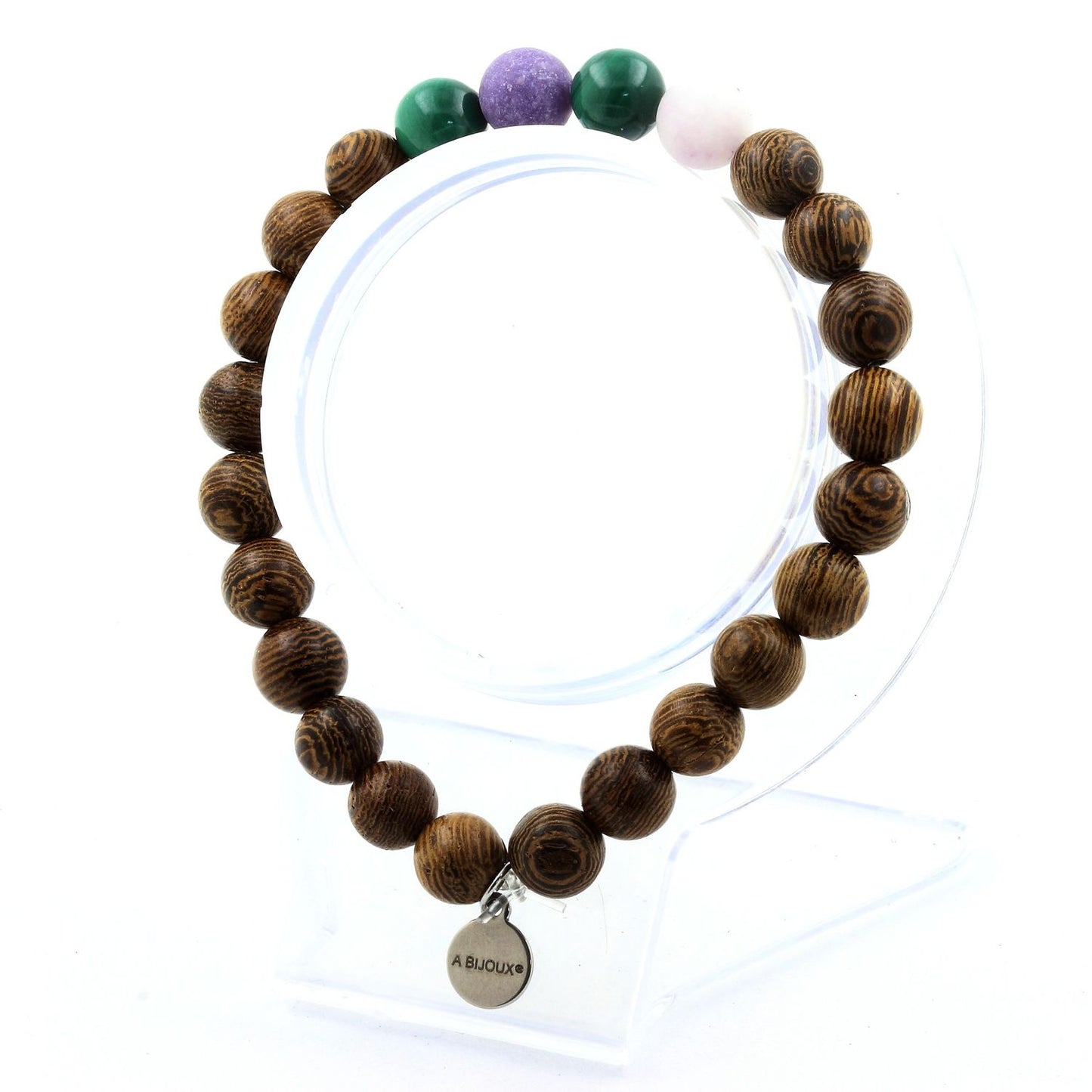 Malachite du Congo + Mica violet mat + bois. Bracelet Perles naturelles