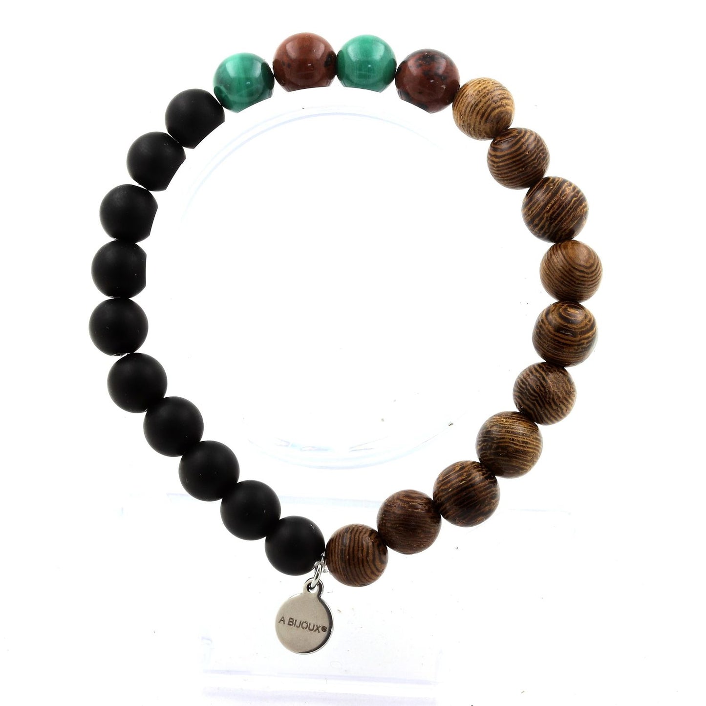 Malachite du Congo + Obsidienne Mahogany + Onyx noir mat + bois. Bracelet Perles