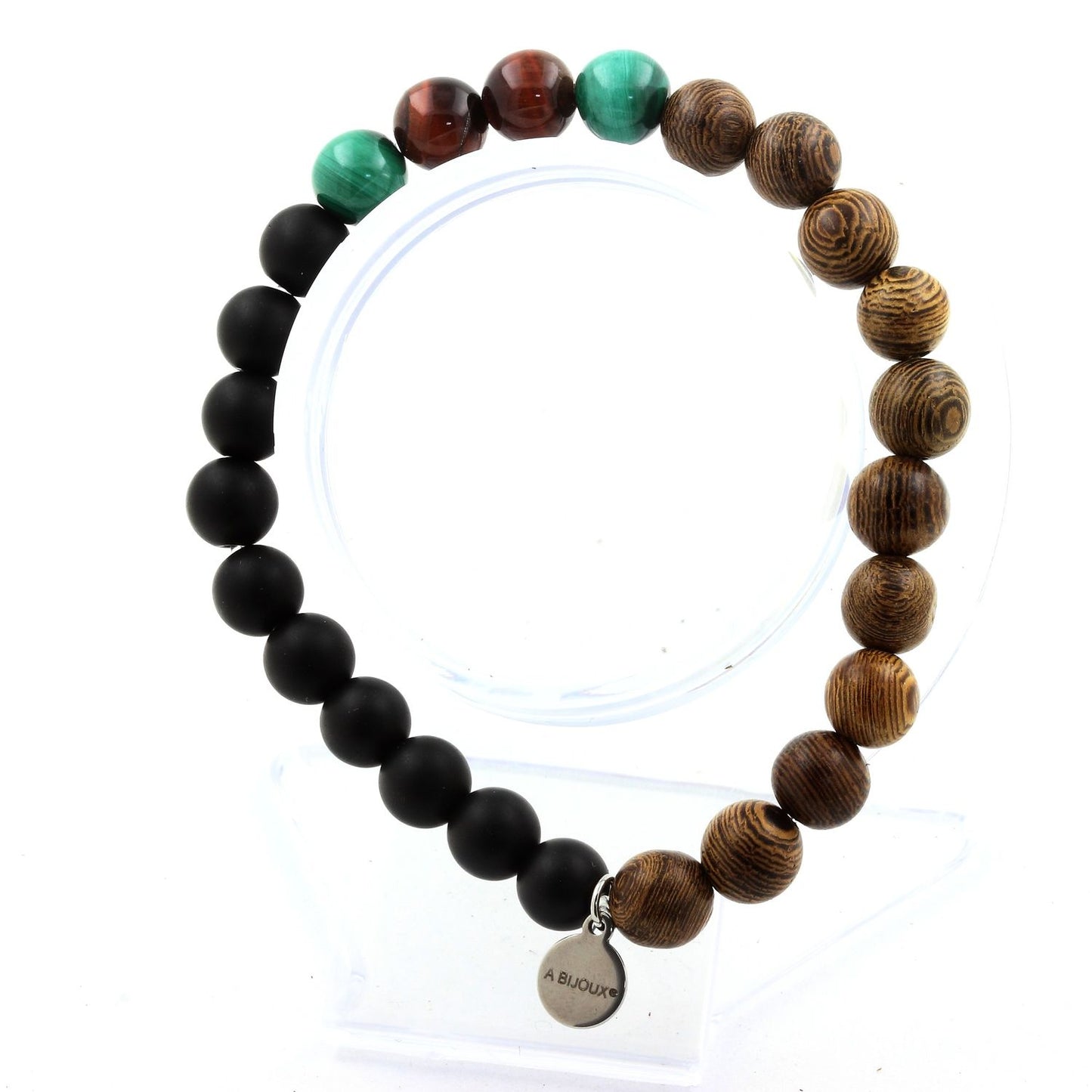 Malachite du Congo + Oeil de Tigre rouge + Onyx noir mat + bois. Bracelet Perles
