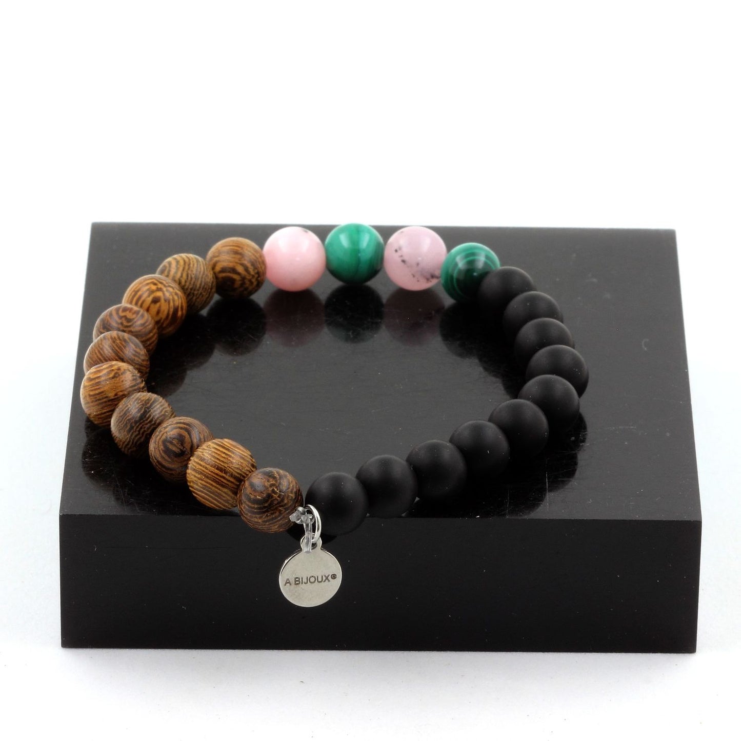 Malachite du Congo + Opale Rose + Onyx noir mat + bois. Bracelet Perles
