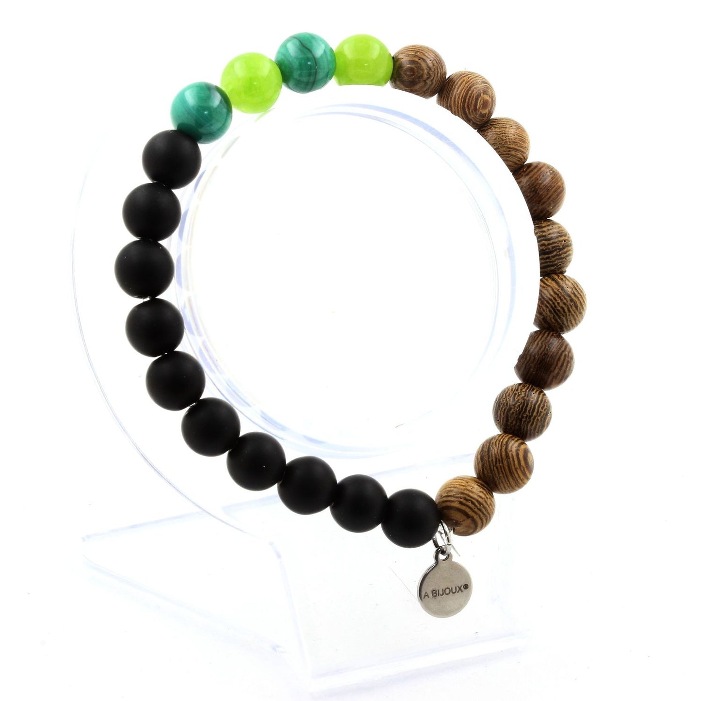 Malachite du Congo + Péridot + Onyx noir mat + bois. Bracelet Perles