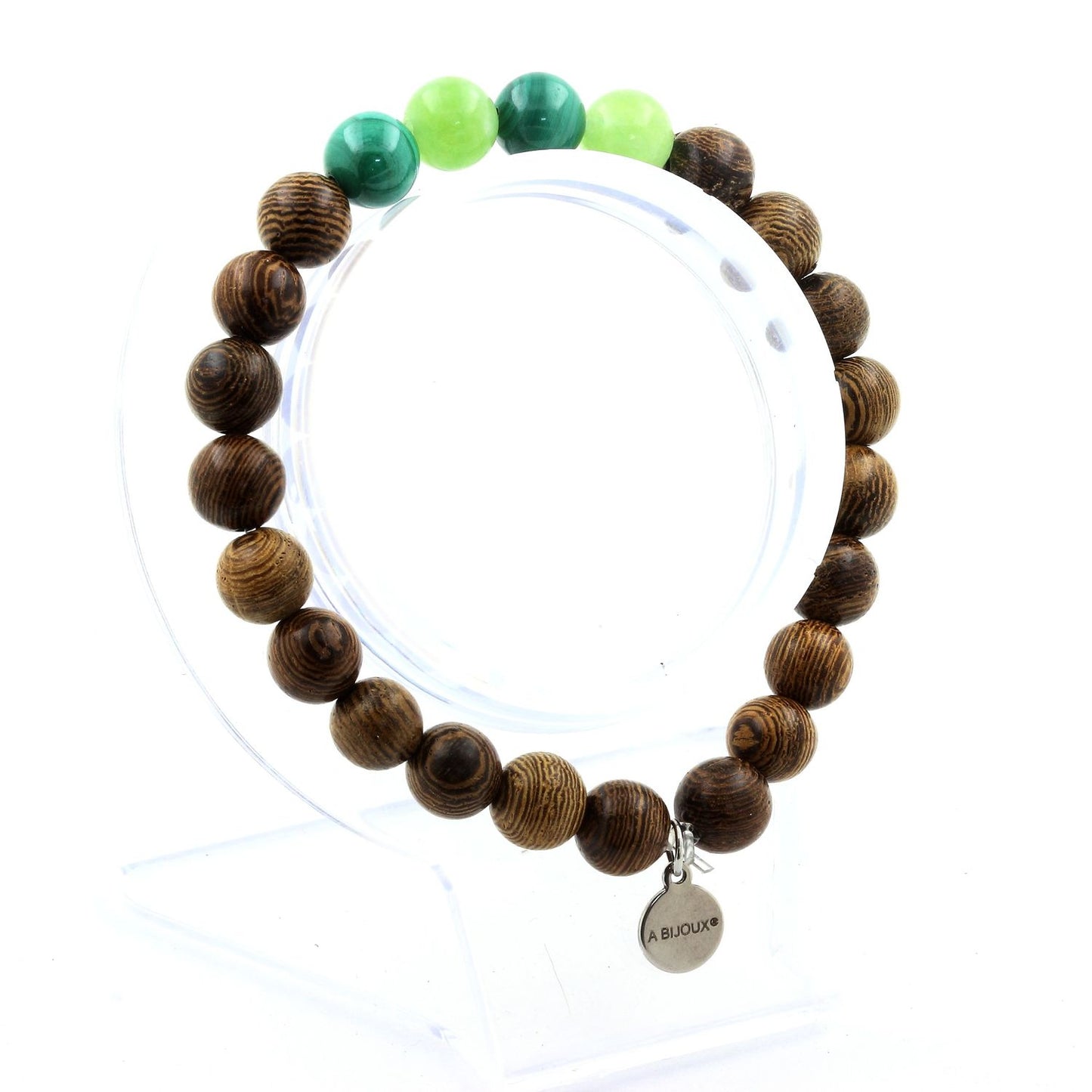 Malachite du Congo + Péridot + bois. Bracelet Perles naturelles