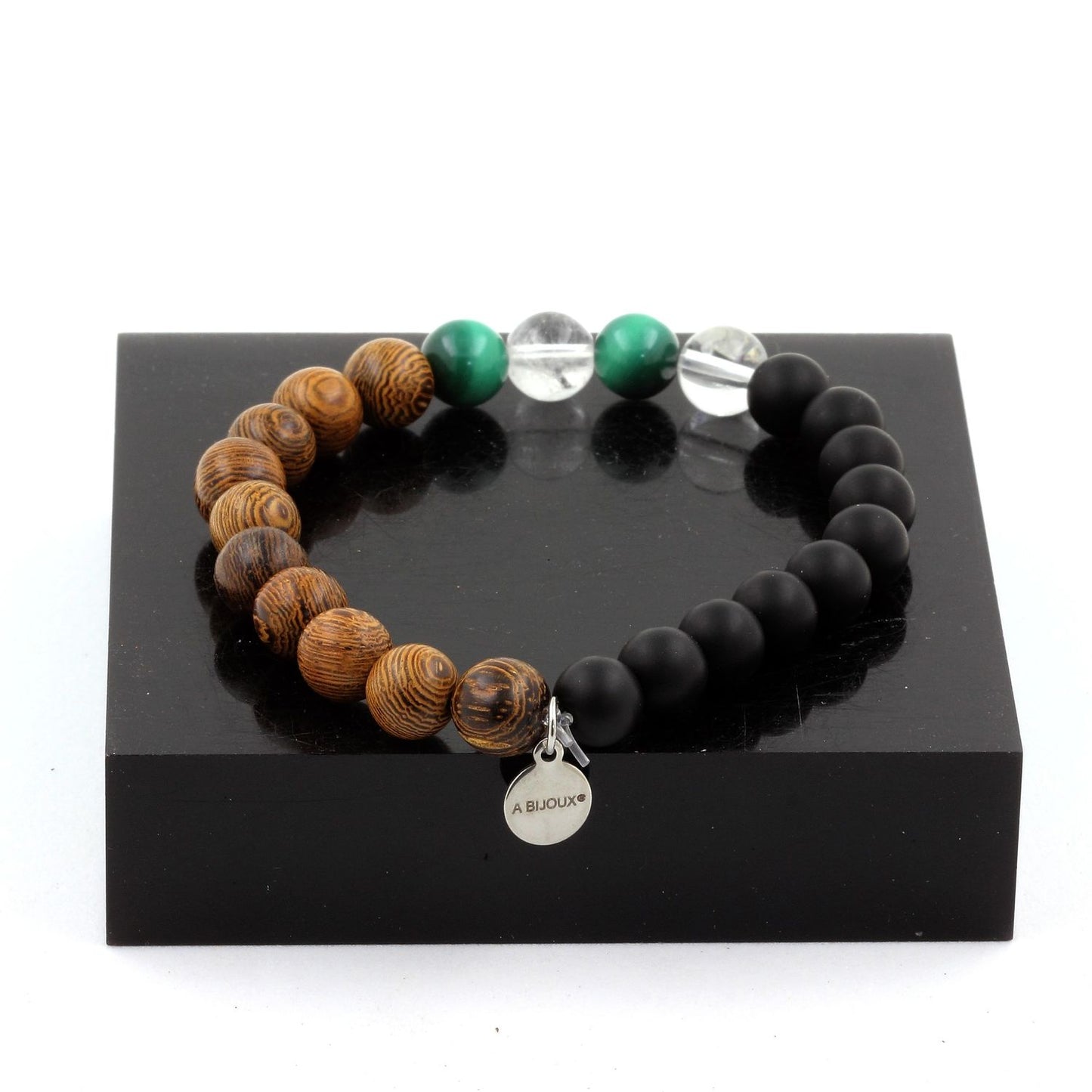 Malachite du Congo + Quartz + Onyx noir mat + bois. Bracelet Perles naturelles