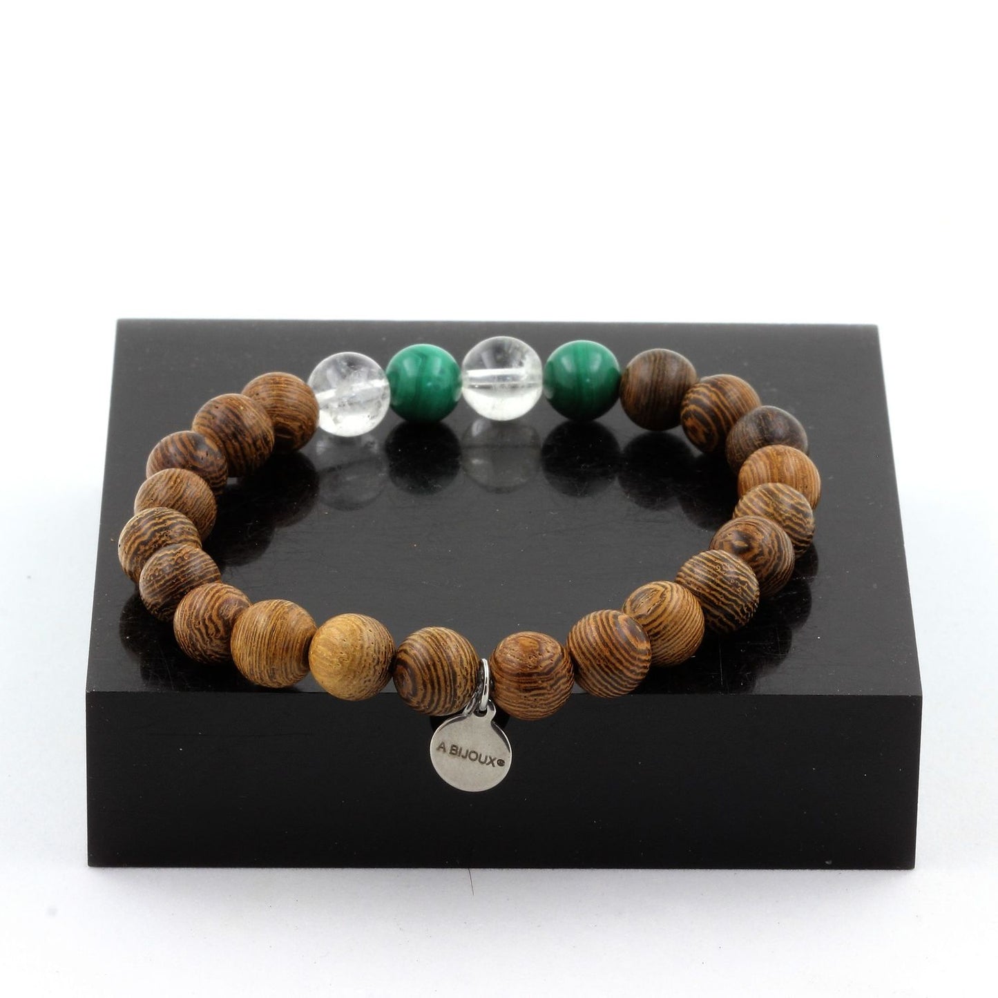 Malachite du Congo + Quartz + bois. Bracelet Perles naturelles