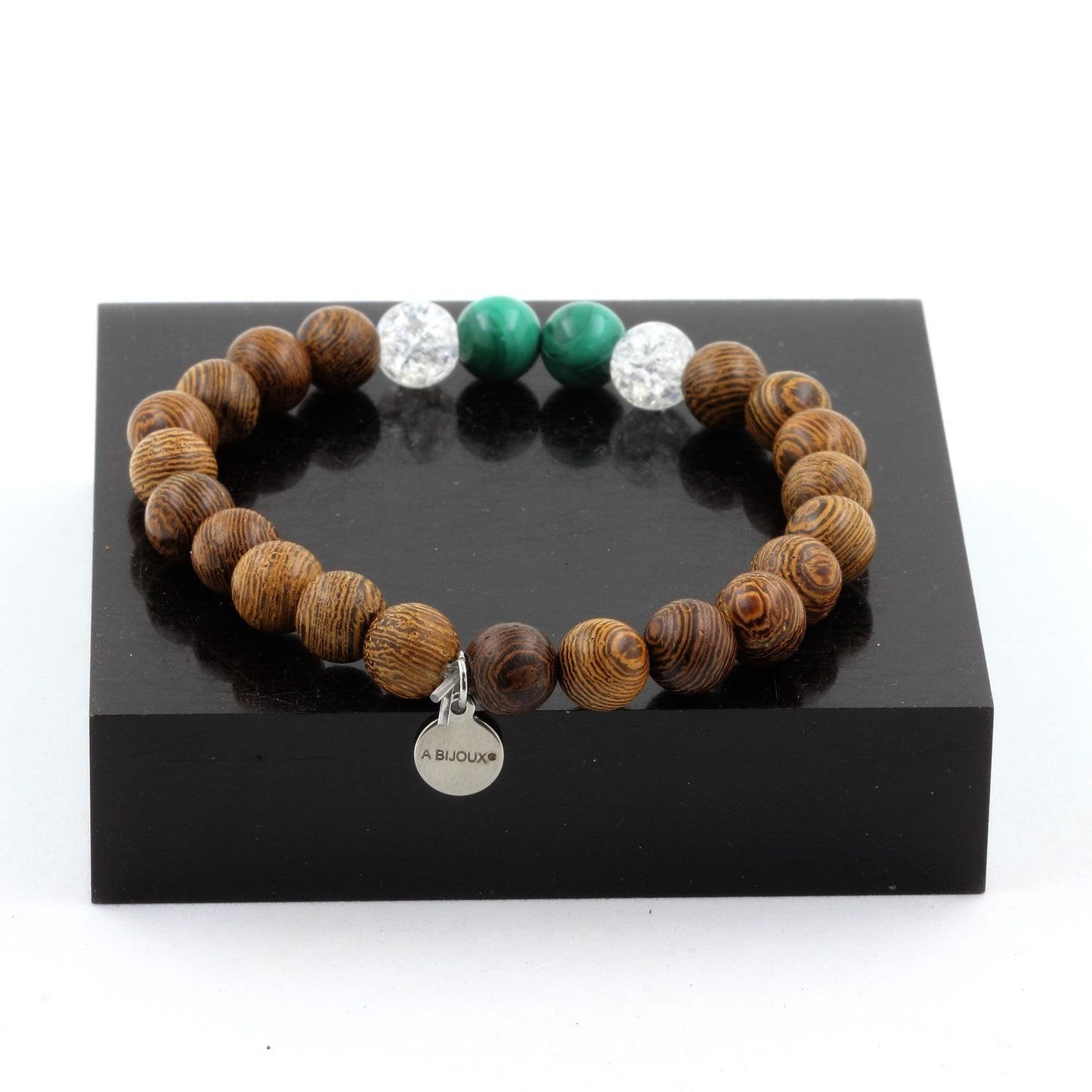 Malachite du Congo + Quartz craquelé + bois. Bracelet Perles naturelles