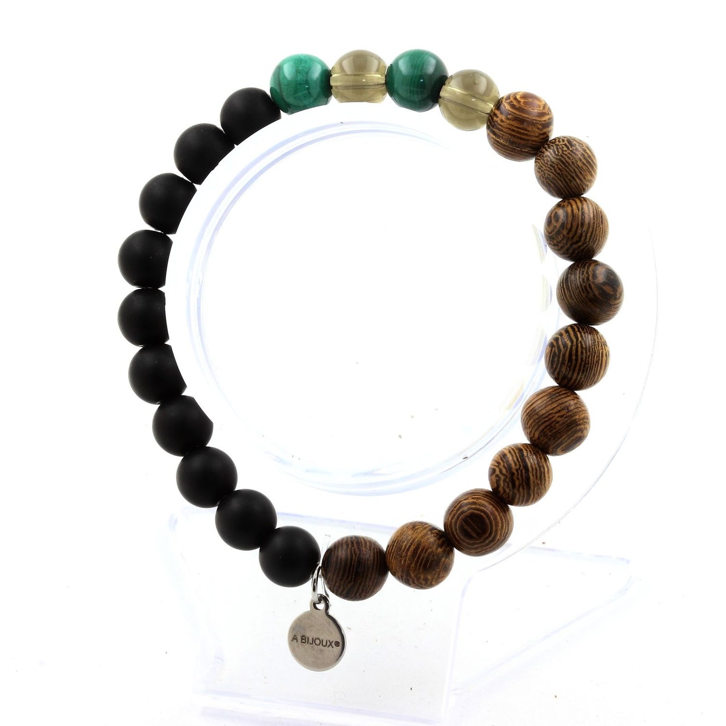 Malachite du Congo + Quartz fumé + Onyx noir mat + bois. Bracelet Perles
