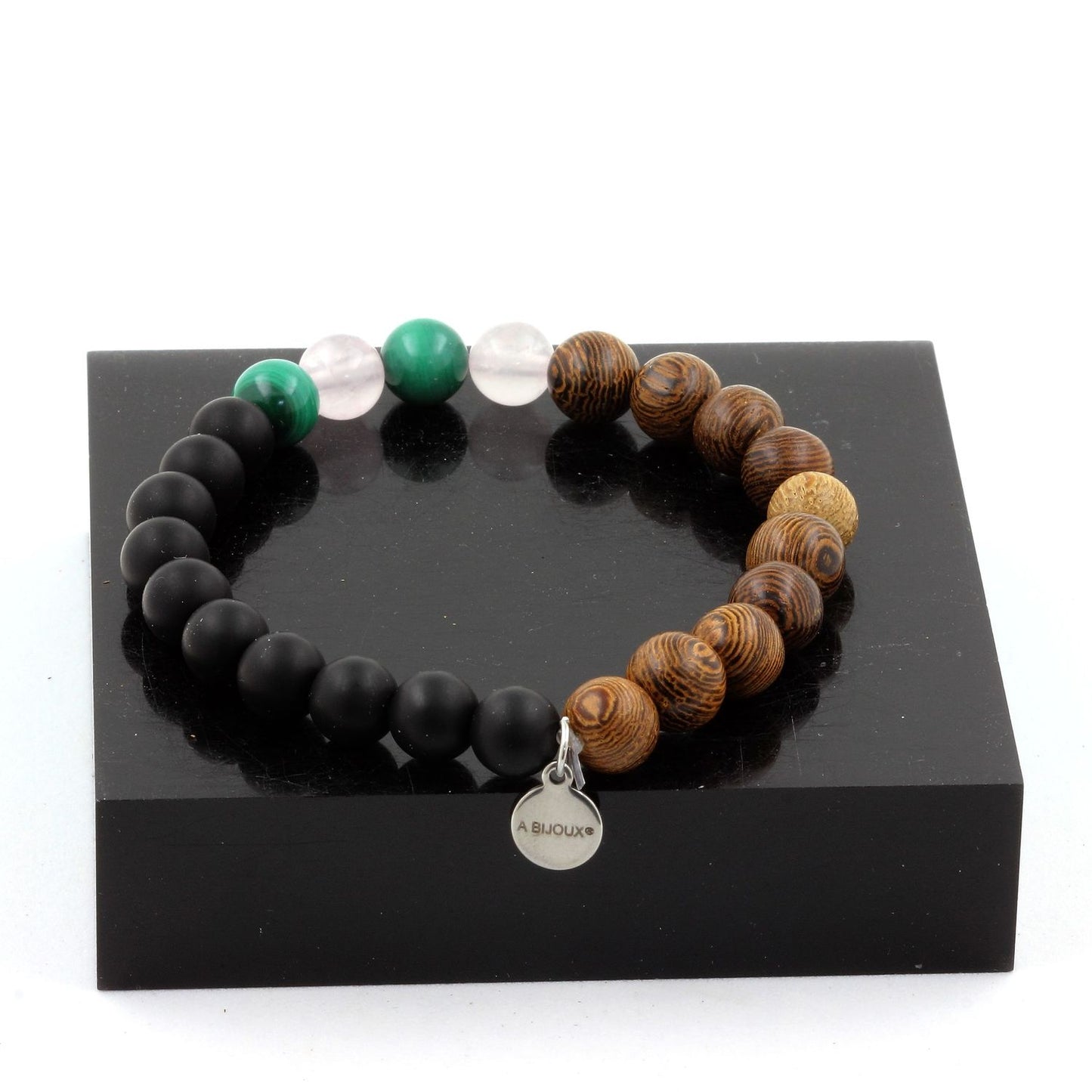 Malachite du Congo + Quartz rose + Onyx noir mat + bois. Bracelet Perles naturelles