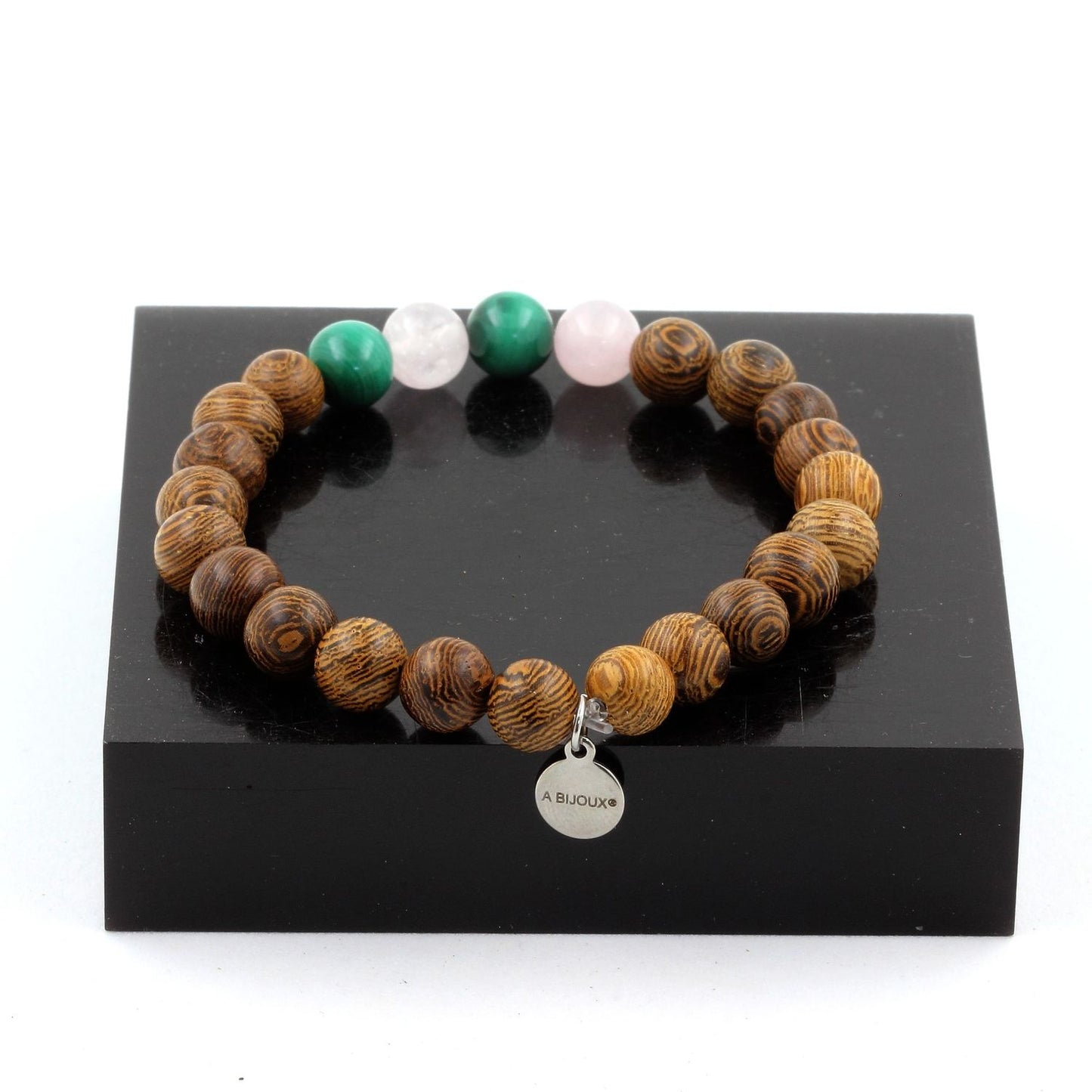 Malachite du Congo + Quartz rose + bois. Bracelet Perles naturelles
