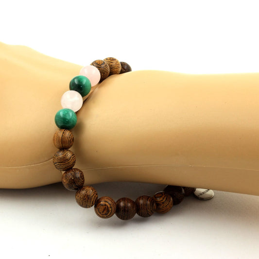 Malachite du Congo + Quartz rose + bois. Bracelet Perles naturelles