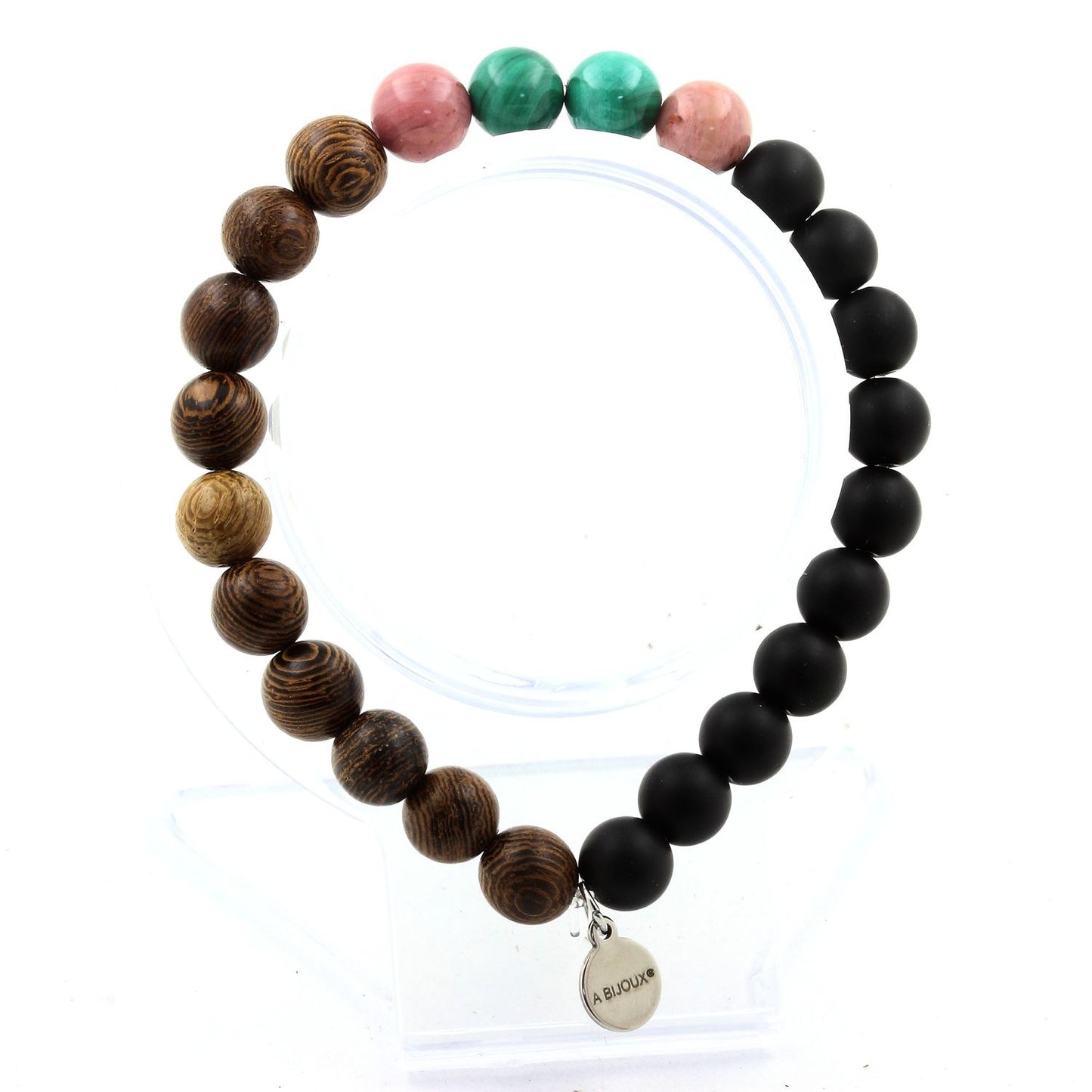 Malachite du Congo + Rhodonite + Onyx noir mat + bois. Bracelet Perles