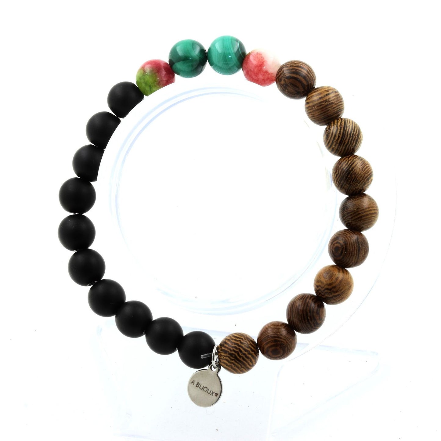 Malachite du Congo + Tourmaline melon d'eau + Onyx noir mat + bois. Bracelet Perles naturelles