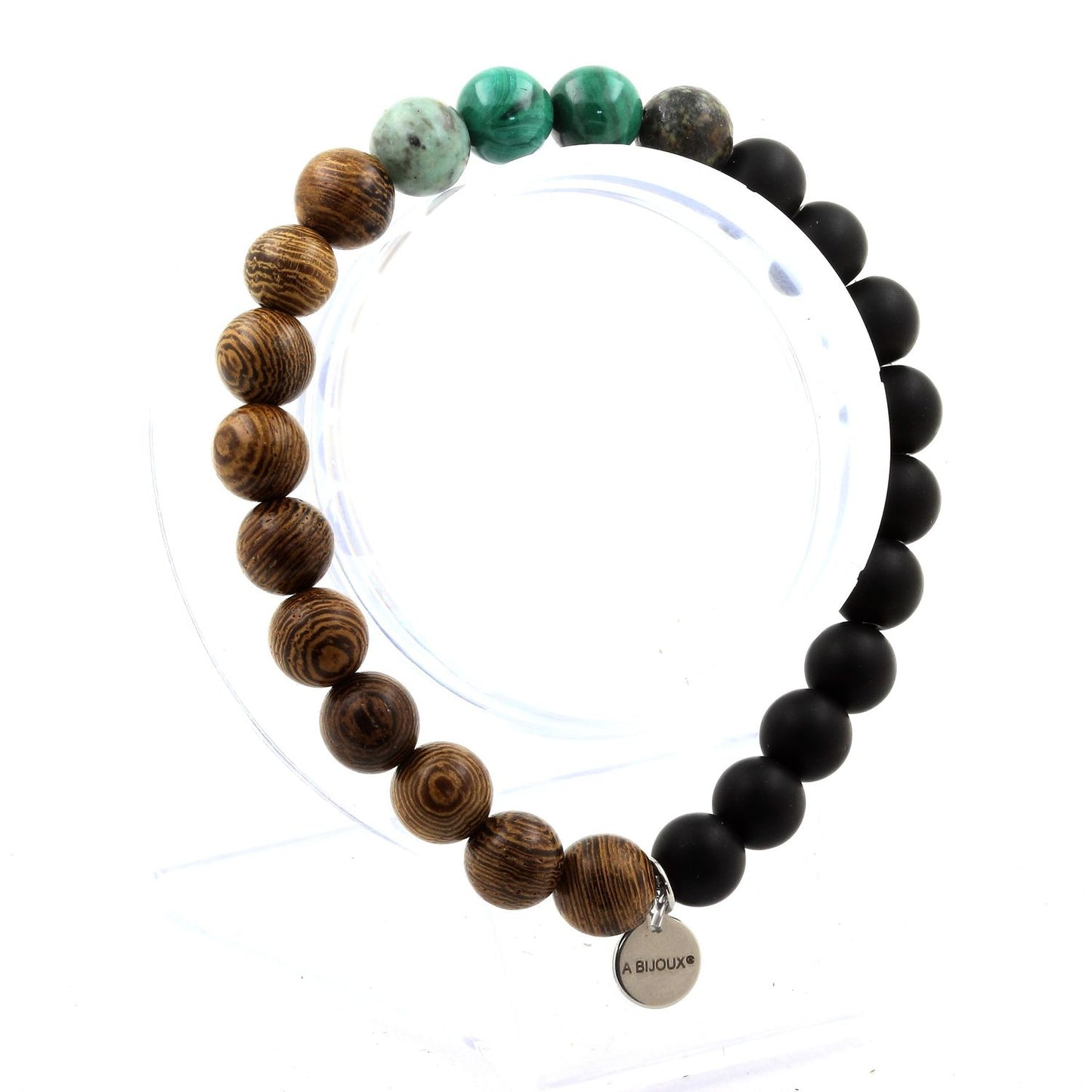 Malachite du Congo + Turquoise Africaine + Onyx noir mat + bois. Bracelet Perles