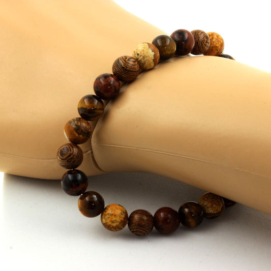 Obsidienne Acajou Mahogany + Oeil de Tigre + Jaspe Paysage + bois Bracelet Perles