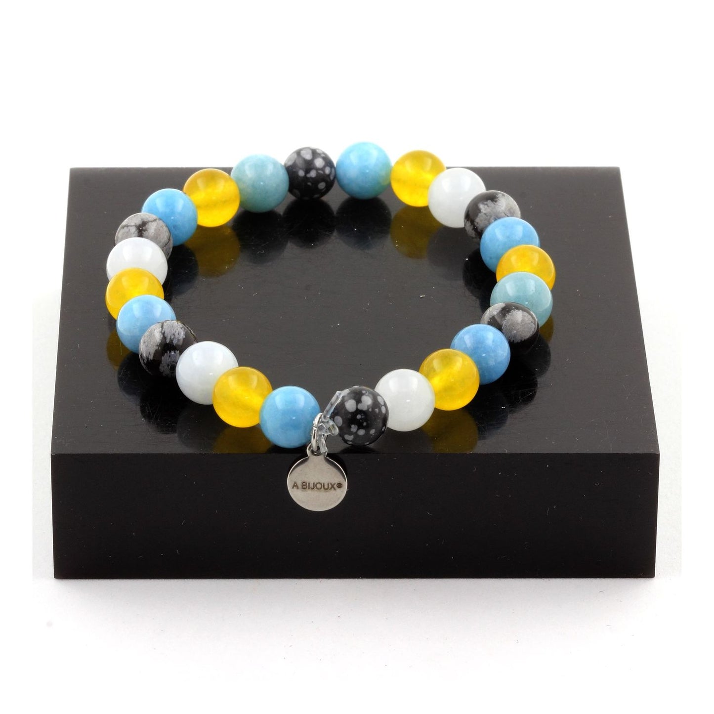 Obsidienne Flocon de Neige + Agate jaune + Aigue-Marine + Calcédoine bleu. Bracelet en Perles naturelles