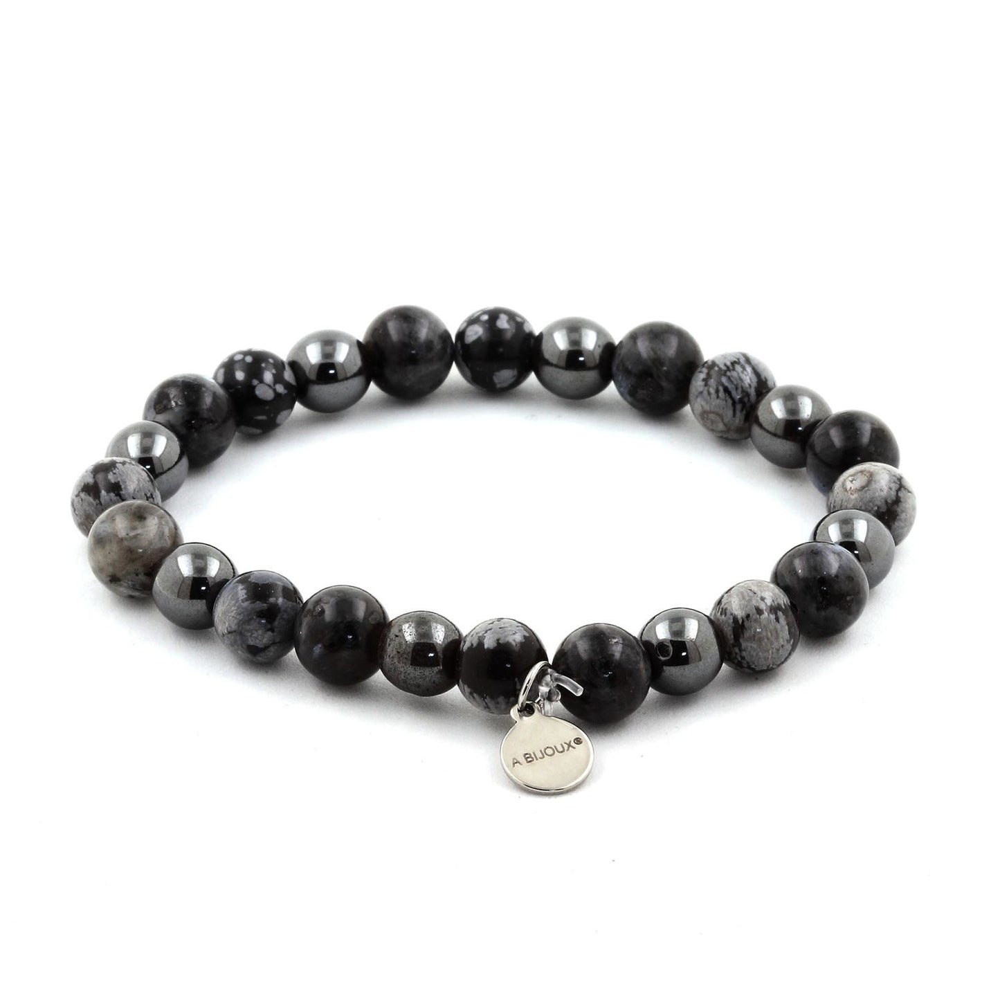 Obsidienne Flocon de Neige + Hématite + Labradorite. Bracelet en Perles naturelles