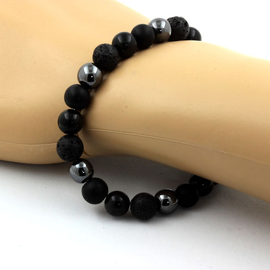 Obsidienne noire + Onyx noir mat + Lave + Hématite Bracelet Perles