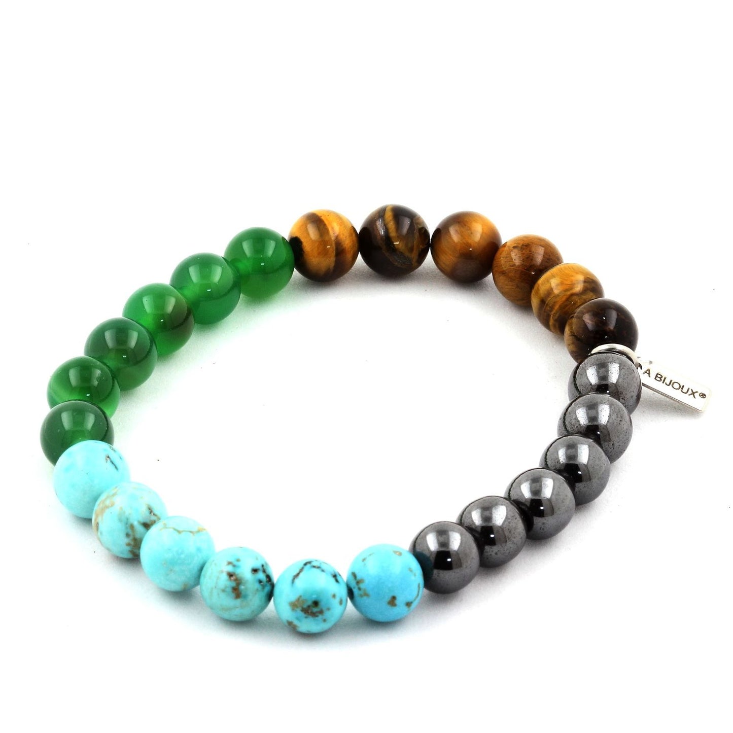 Oeil de Tigre + Hématite + Agate verte + Turquoise Bracelet Perles