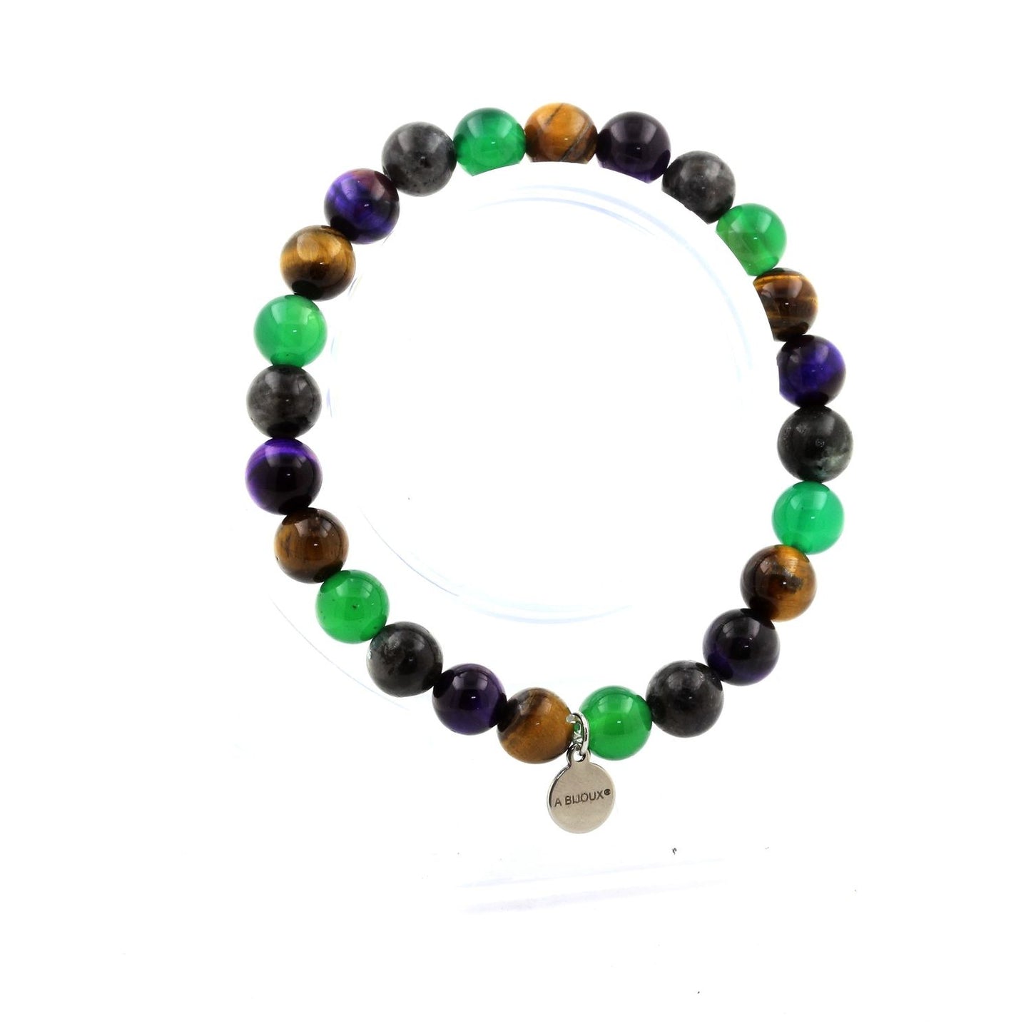 Oeil de Tigre + Labradorite + Oeil de Tigre violet + Agate verte. Bracelet Perles naturelles