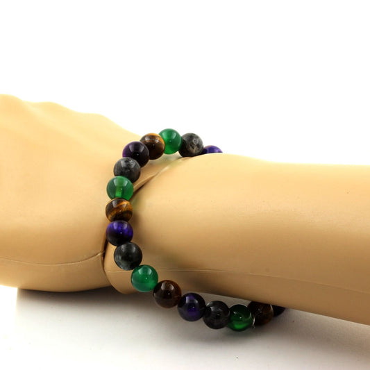 Oeil de Tigre + Labradorite + Oeil de Tigre violet + Agate verte. Bracelet Perles naturelles
