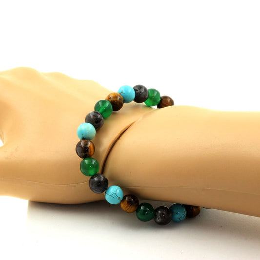 Oeil de Tigre + Labradorite + Turquoise + Agate verte. Bracelet Perles naturelles