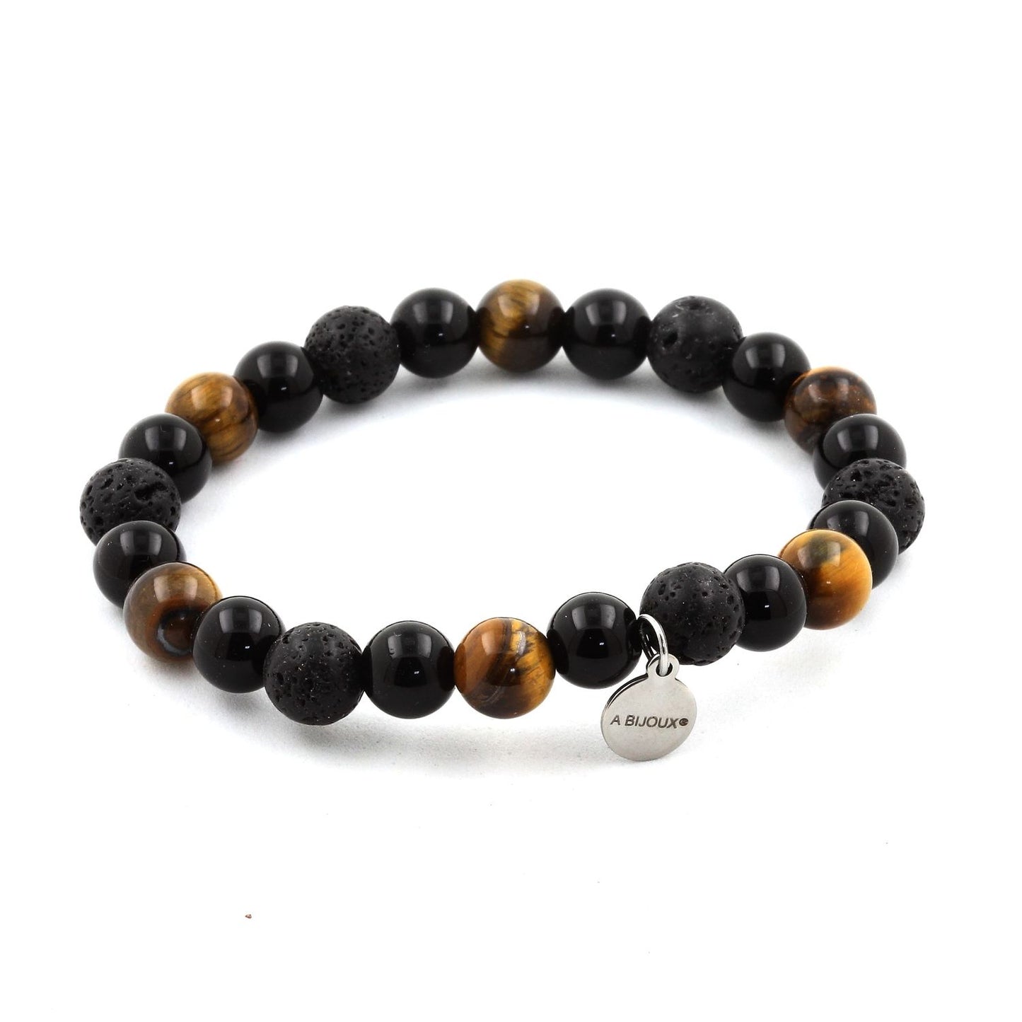 Oeil de Tigre + Lave + Agate noire. Bracelet Perles naturelles