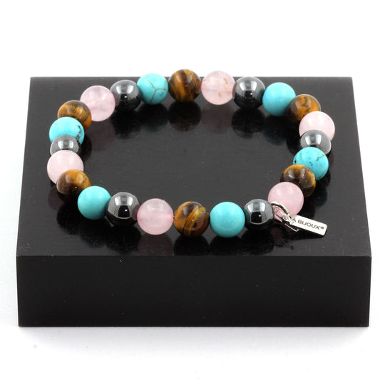 Oeil de Tigre + Quartz rose + Turquoise + Hématite Bracelet Perles