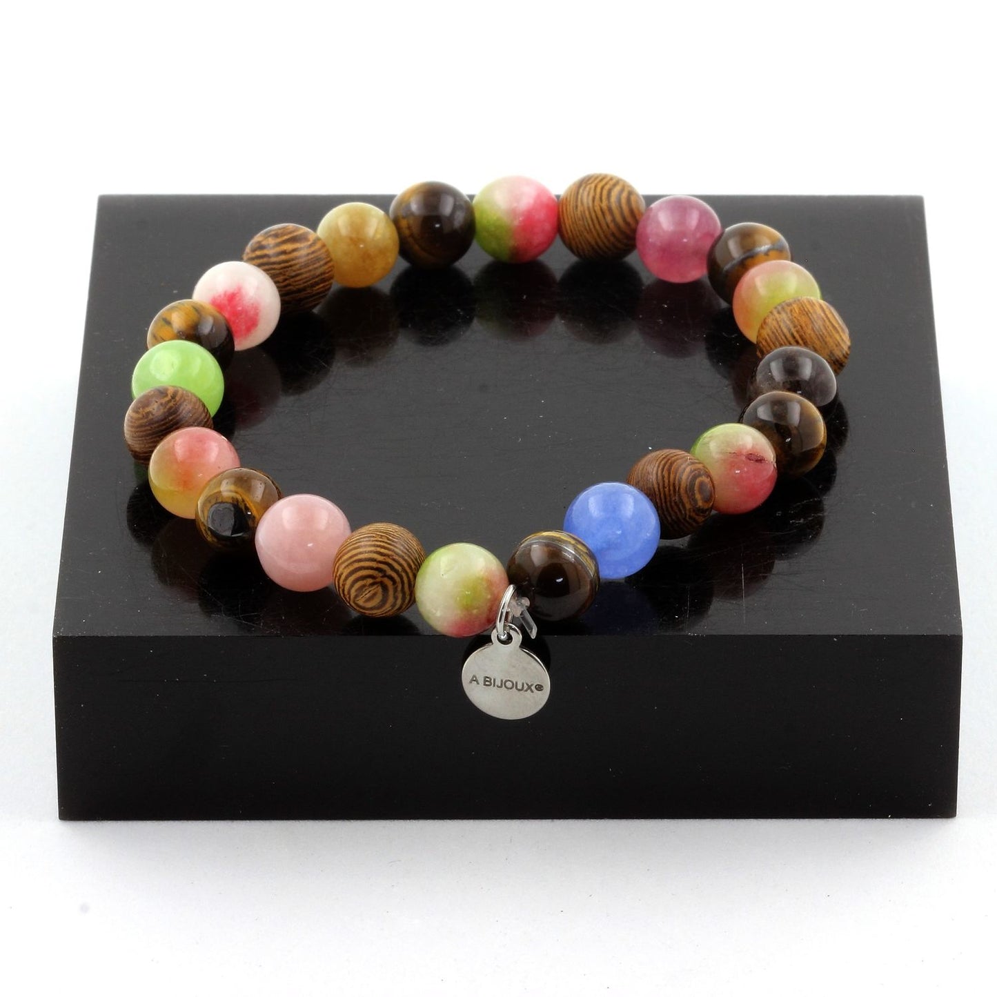 Oeil de Tigre + Tourmaline multicolore + Tourmaline melon d'eau + Bois. Bracelet Perles naturelles