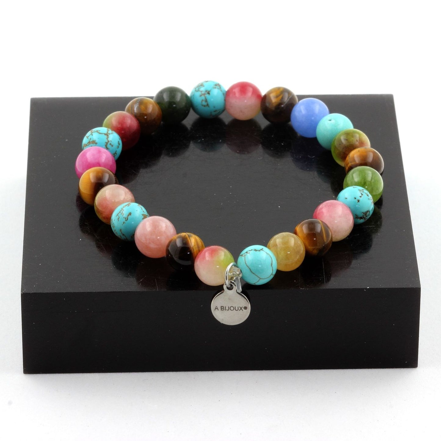 Oeil de Tigre + Tourmaline multicolore + Tourmaline melon d'eau + Turquoise. Bracelet Perles naturelles