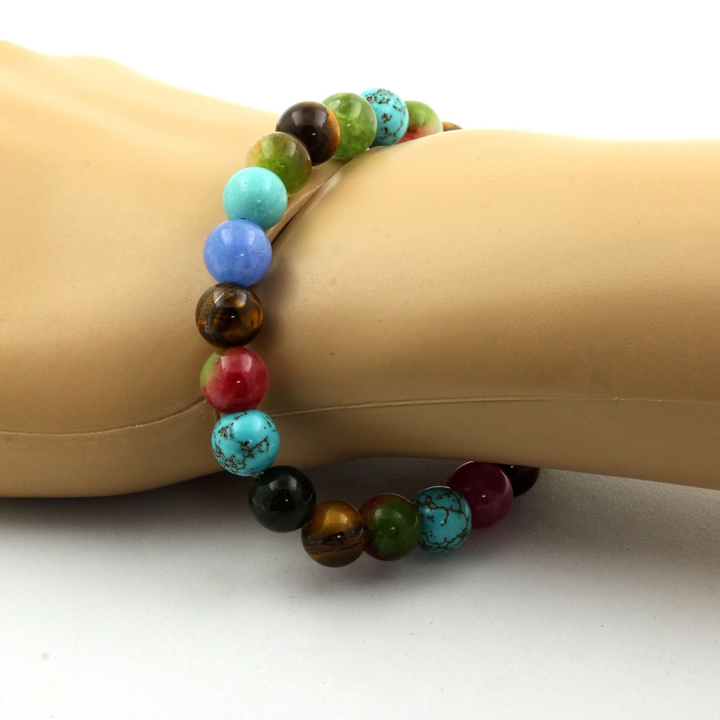 Oeil de Tigre + Tourmaline multicolore + Tourmaline melon d'eau + Turquoise. Bracelet Perles naturelles