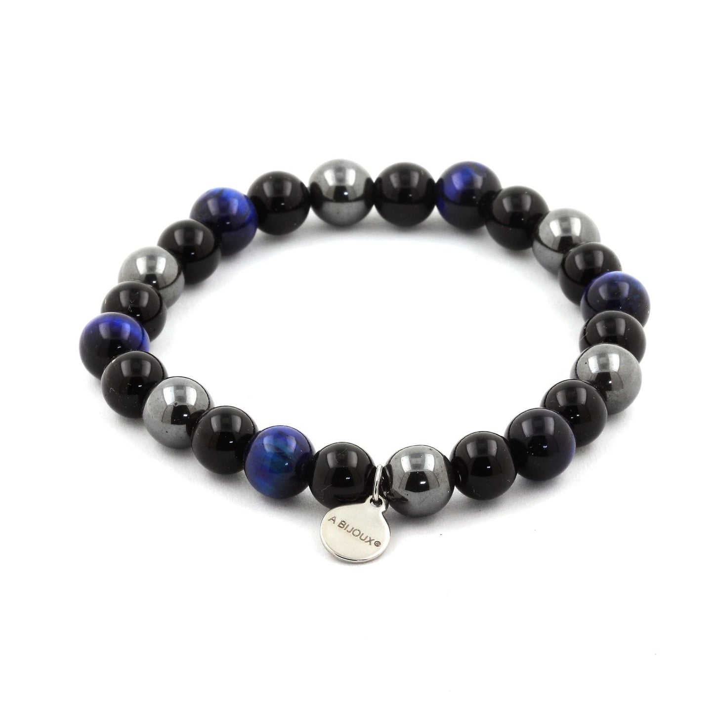 Oeil de Tigre bleu + Hématite + Agate noire. Bracelet Perles naturelles