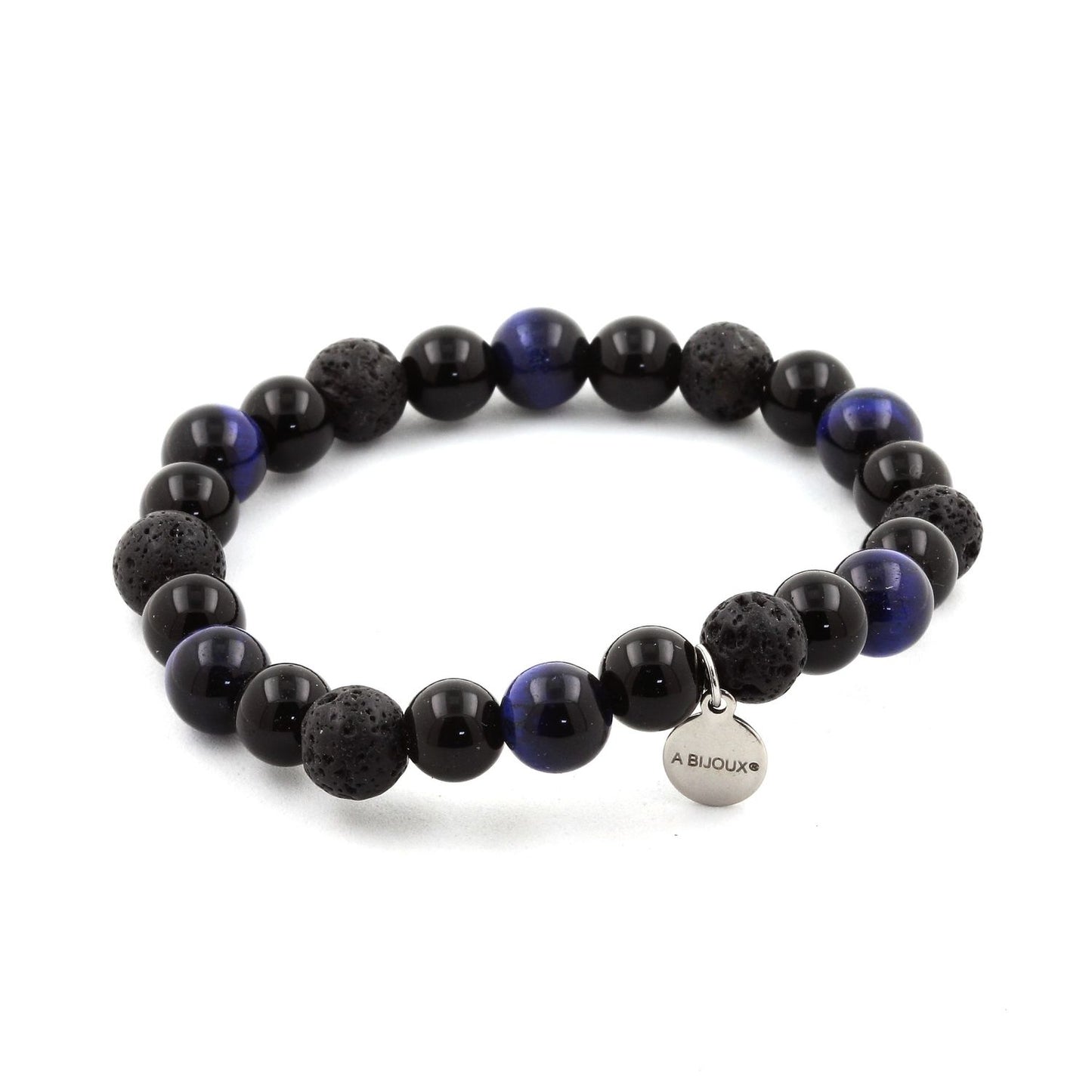 Oeil de Tigre bleu + Lave + Agate noire. Bracelet Perles naturelles