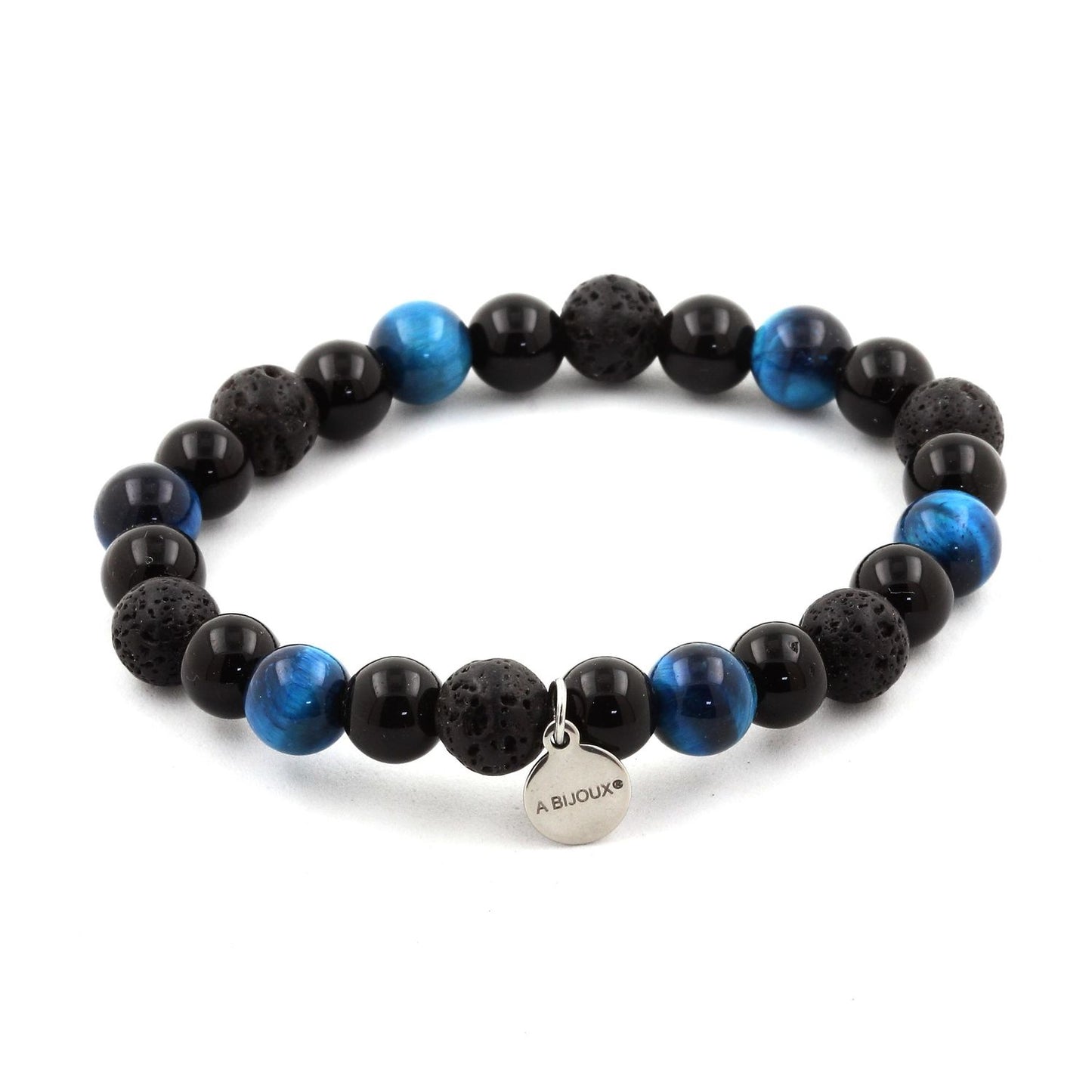 Oeil de Tigre bleu clair + Lave + Agate noire. Bracelet Perles naturelles