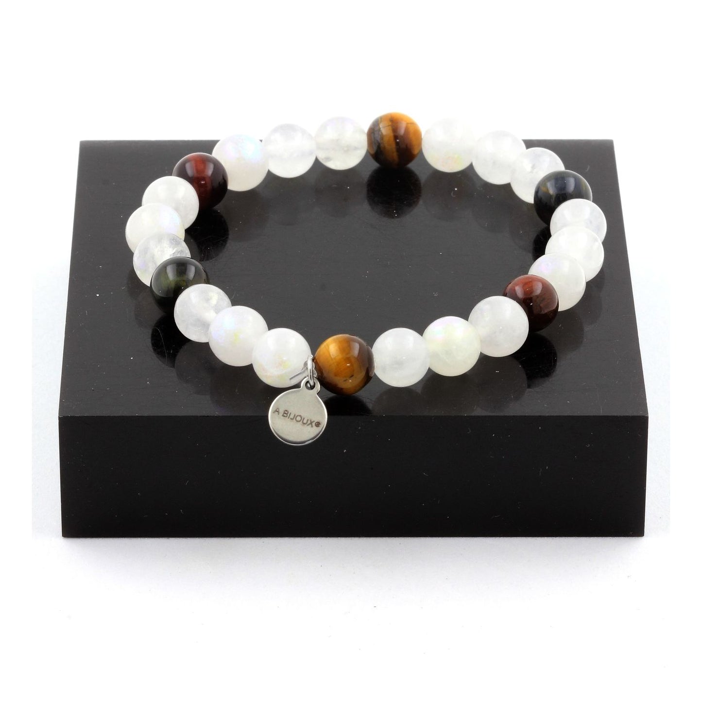 Oeil de Tigre multicolore + Pierre de lune. Bracelet en Perles naturelles
