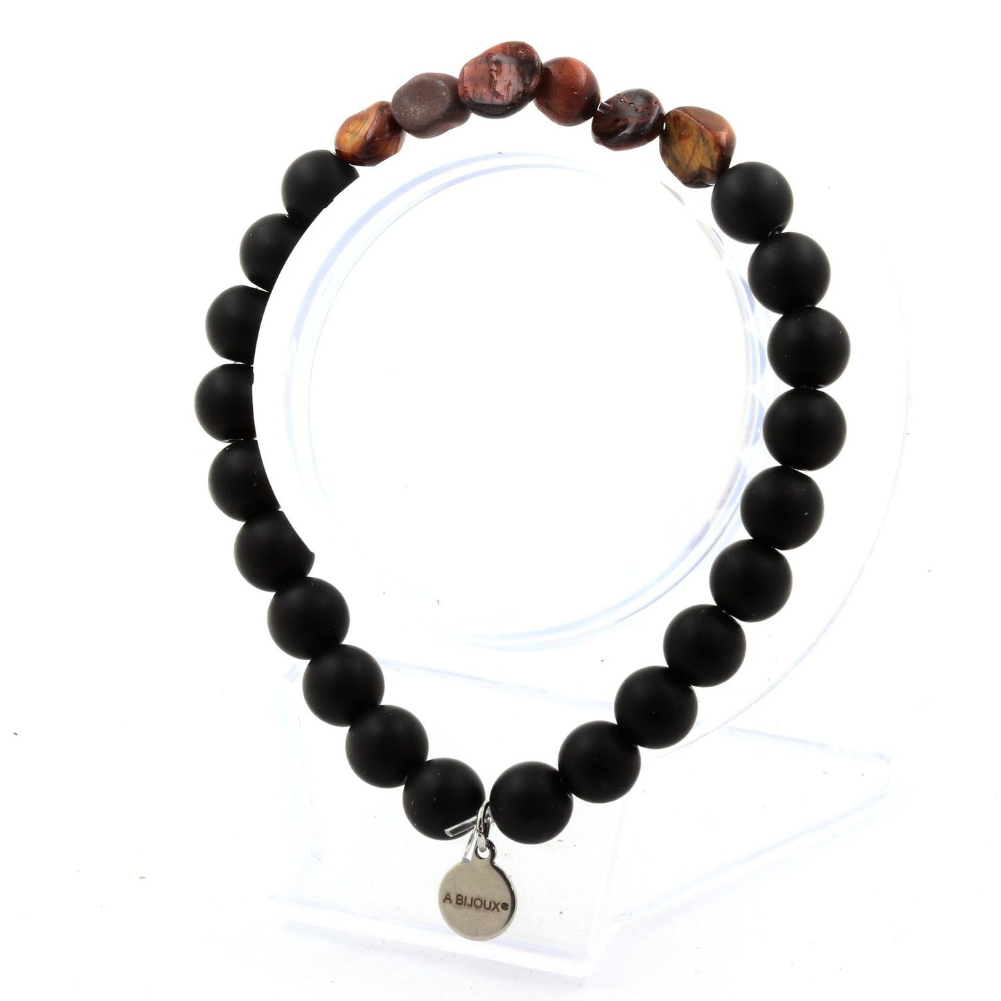 Oeil de Tigre rouge du Brésil + Perles Onyx noir mat. Bracelet Perles