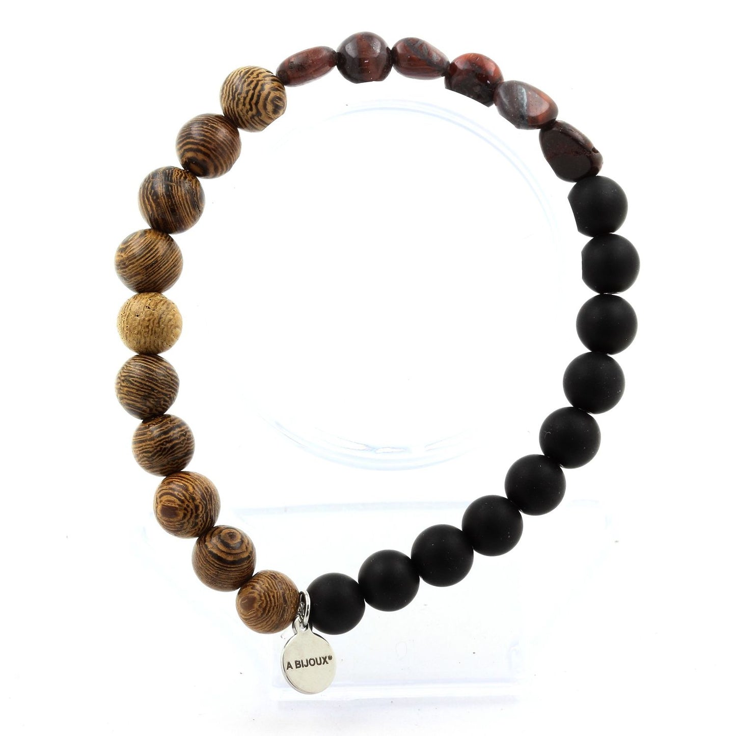 Oeil de Tigre rouge du Brésil + Perles Onyx noir mat + bois. Bracelet Perles
