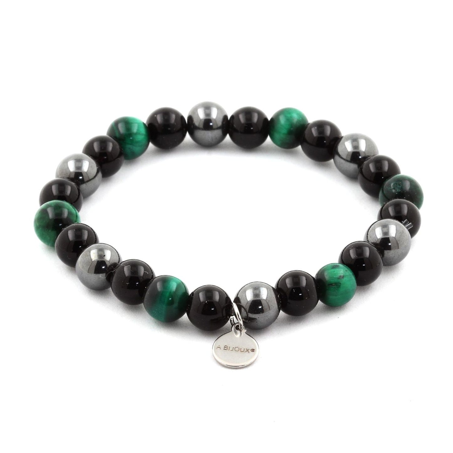 Oeil de Tigre vert + Hématite + Agate noire. Bracelet Perles naturelles