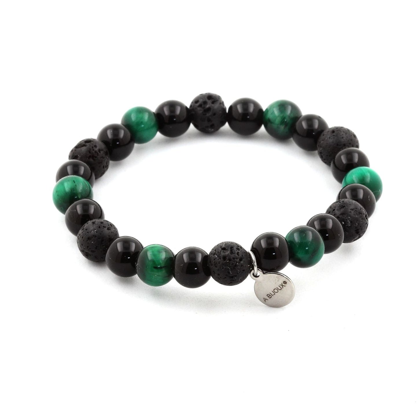 Oeil de Tigre vert + Lave + Agate noire. Bracelet Perles naturelles