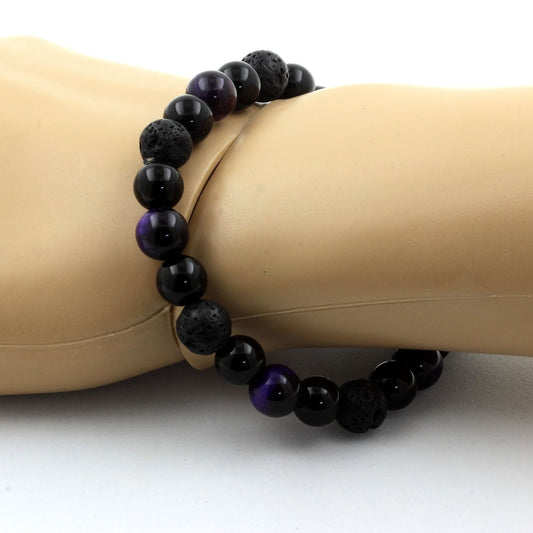Oeil de Tigre violet + Lave + Agate noire. Bracelet Perles naturelles