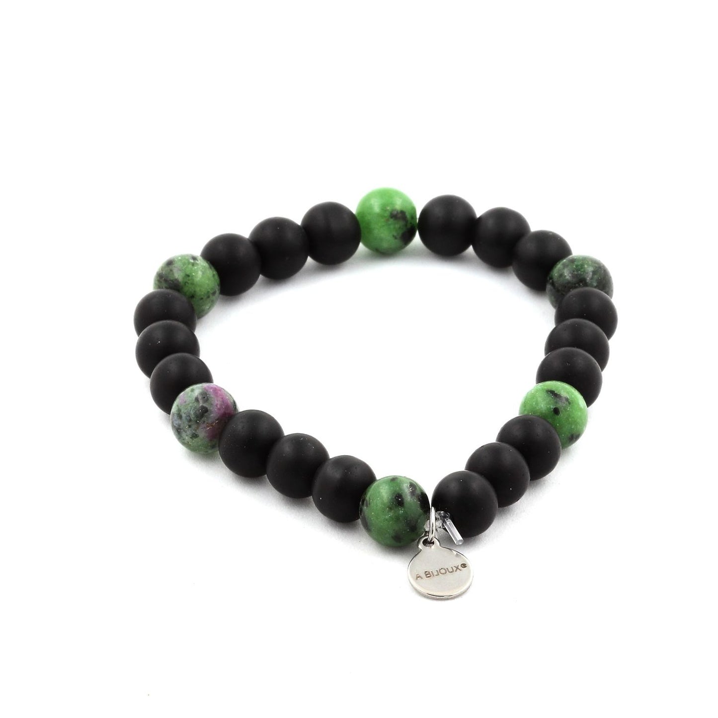 Onyx noir mat + Epidote d'Australie. Perles naturelles