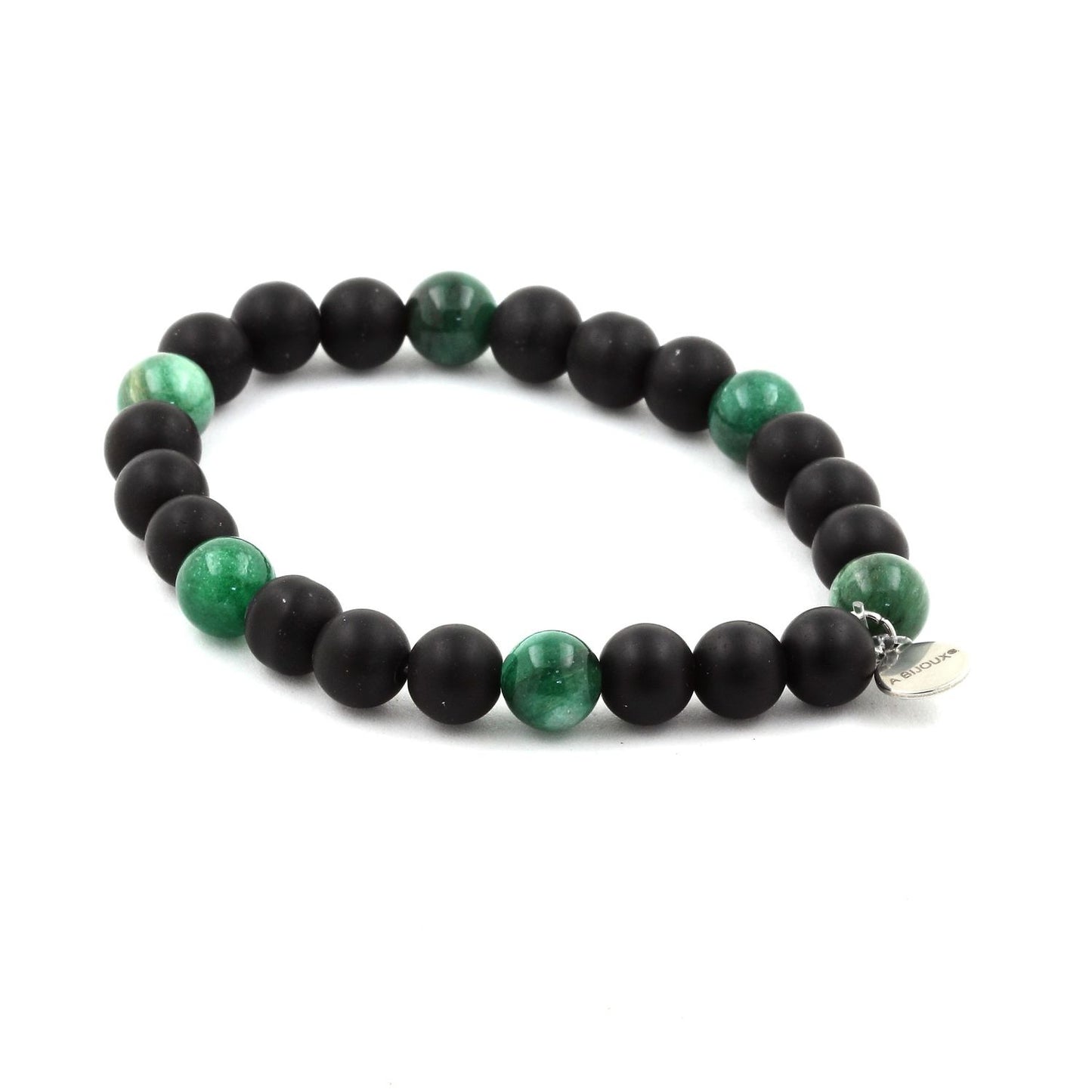 Onyx noir mat + Mica vert en provenance de Tanzanie. Bracelet Perles naturelles